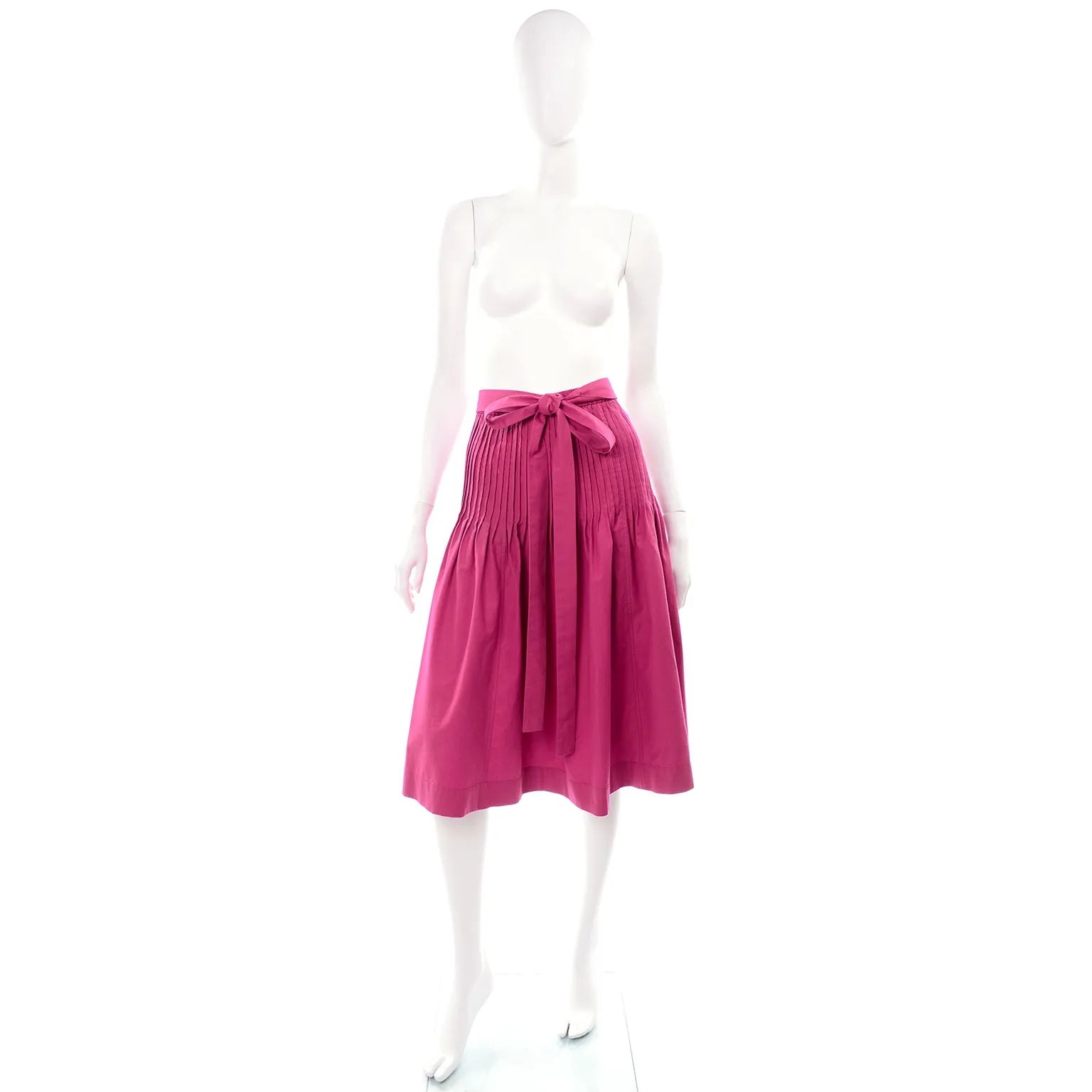 1970s Yves Saint Laurent Pink Cotton Skirt w/ Sash Belt & Flat Pleats