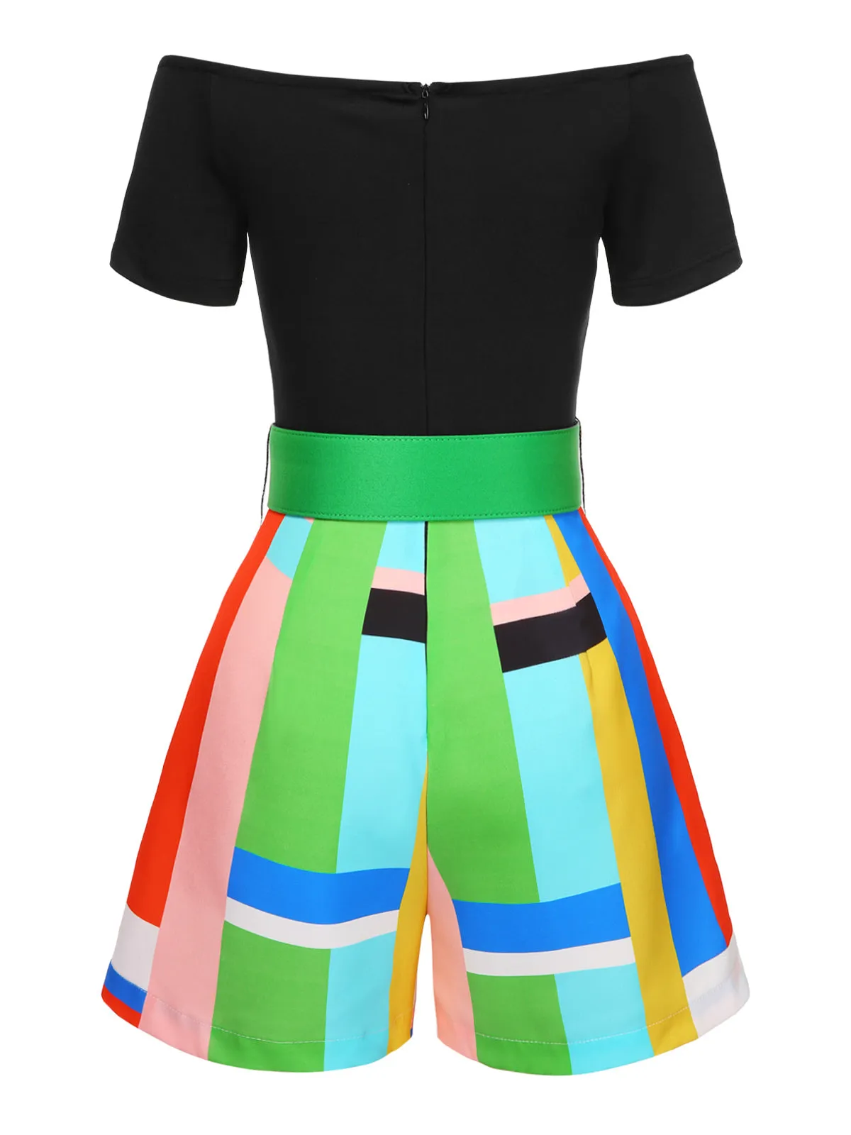 1980s Off-Shoulder Geometric Colorblock Belted Romper