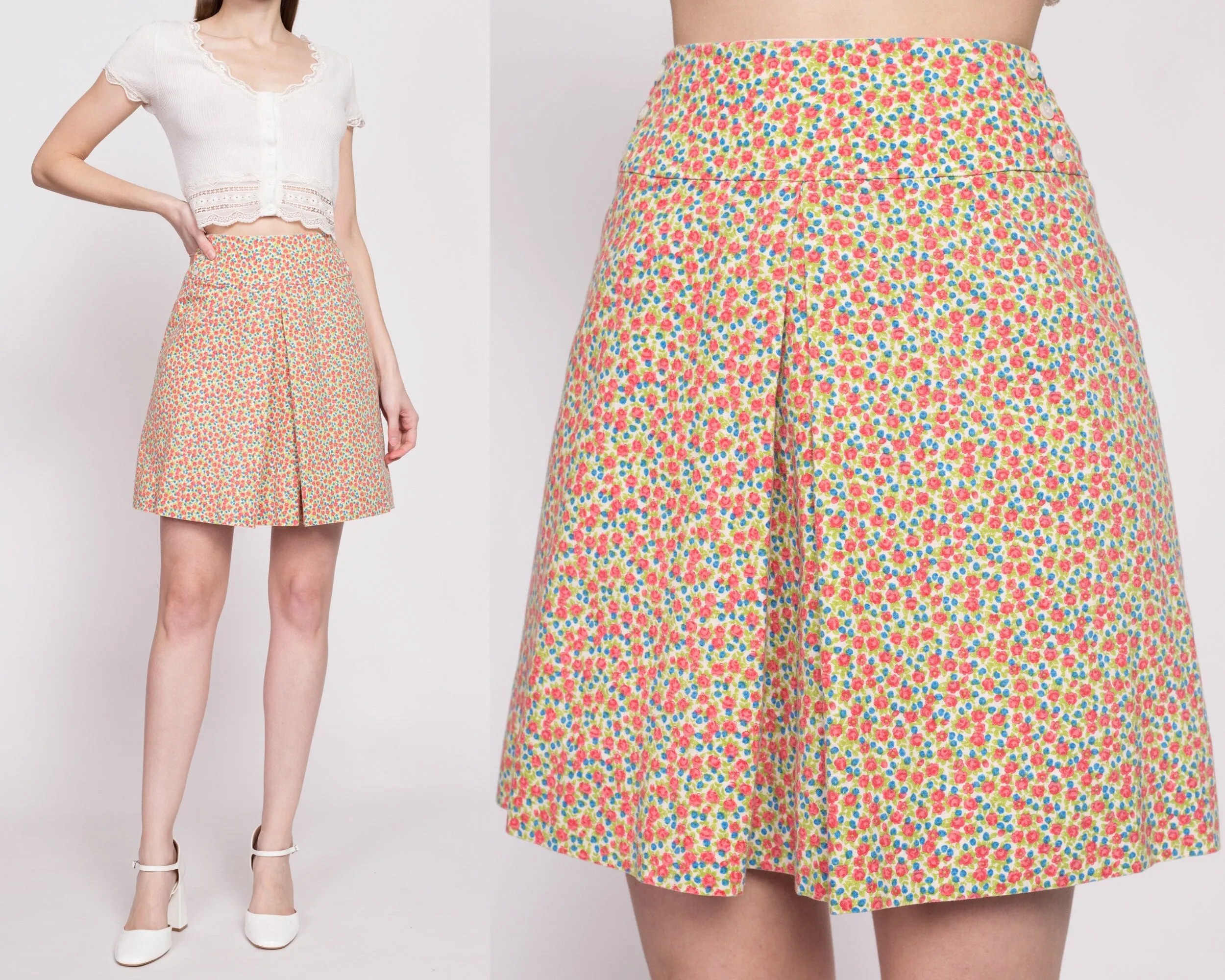 70s Calico Floral Pleated Mini Skirt - Extra Small, 23"