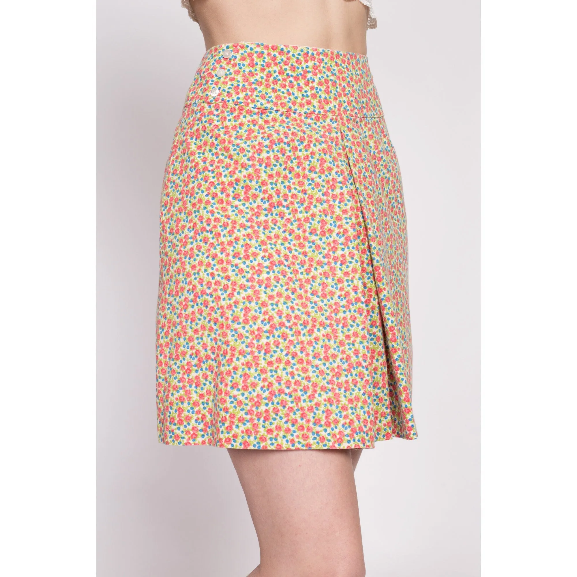 70s Calico Floral Pleated Mini Skirt - Extra Small, 23"