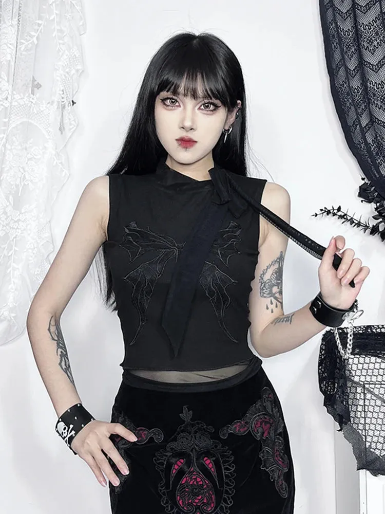 AltGoth Aesthetic Y2K Dark Gothic Butterfly Printed Lace-up Fairycore Indie Grunge Streetwear Crop Top