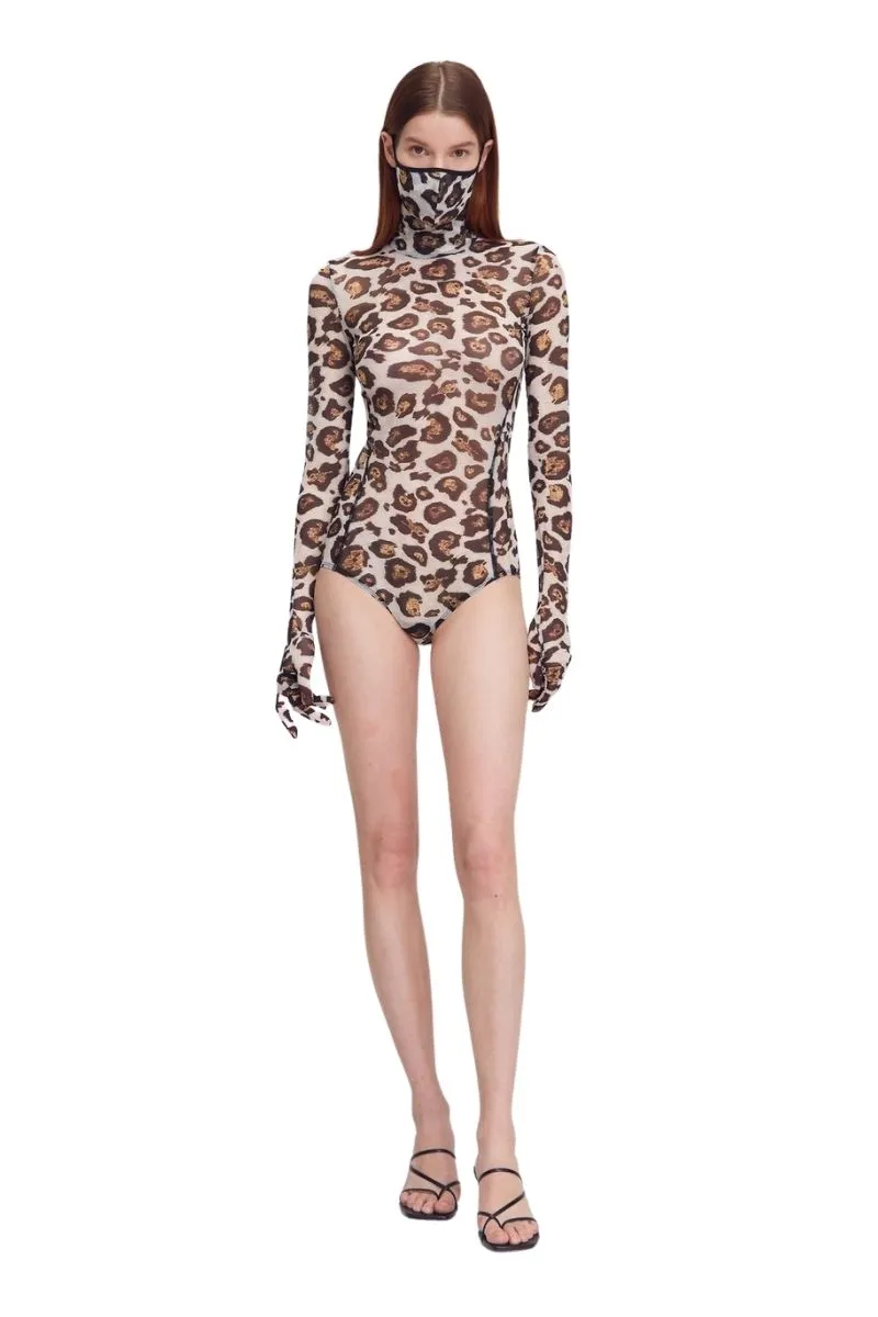 Animal Print Long Sleeve Turtleneck Bodysuit with Gloves