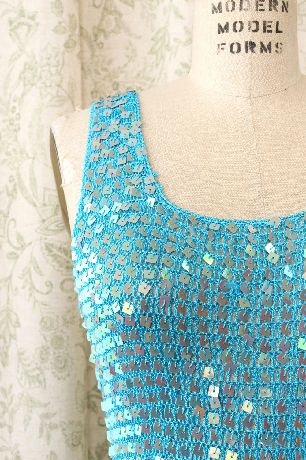 Aqua Sequin Crochet Tank S-L