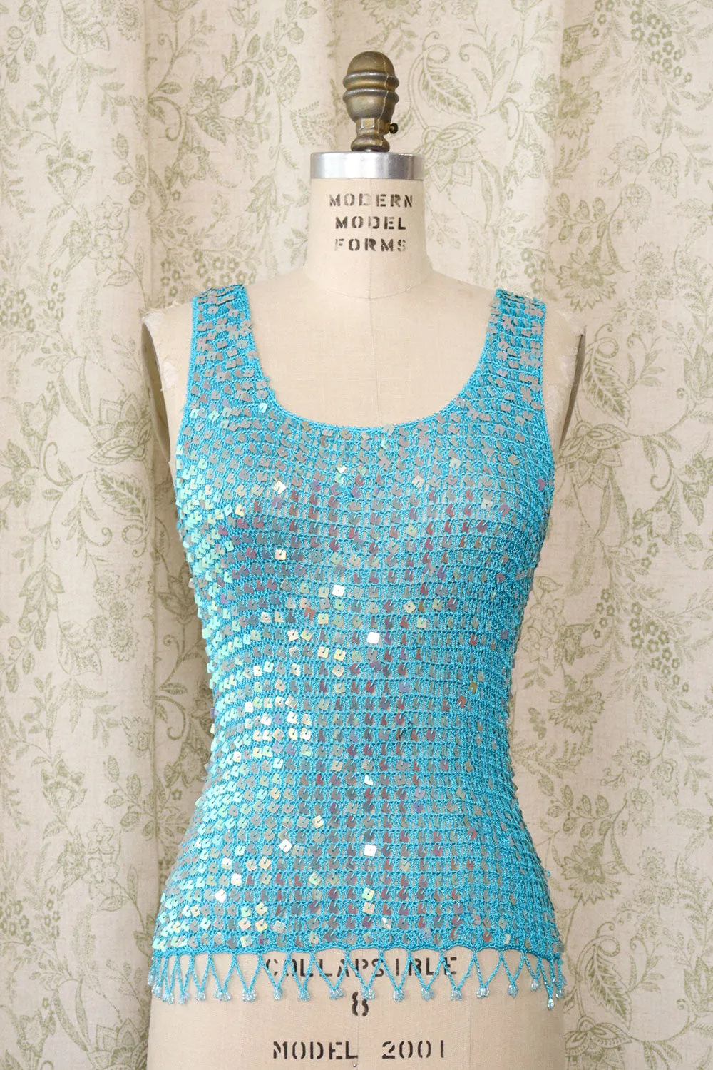 Aqua Sequin Crochet Tank S-L