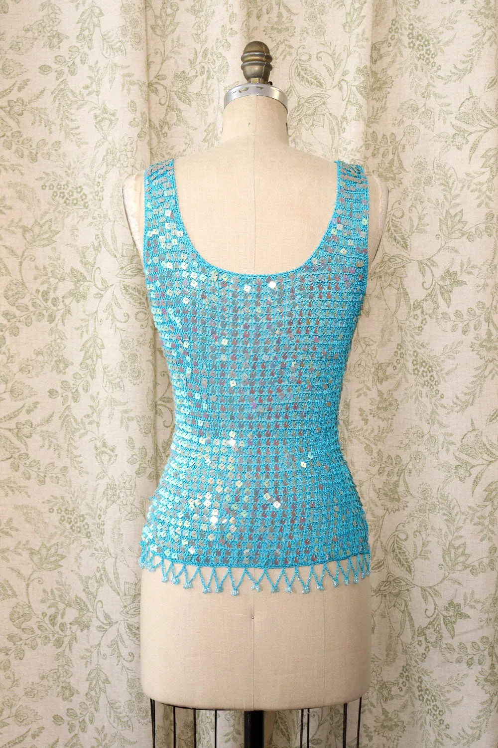 Aqua Sequin Crochet Tank S-L