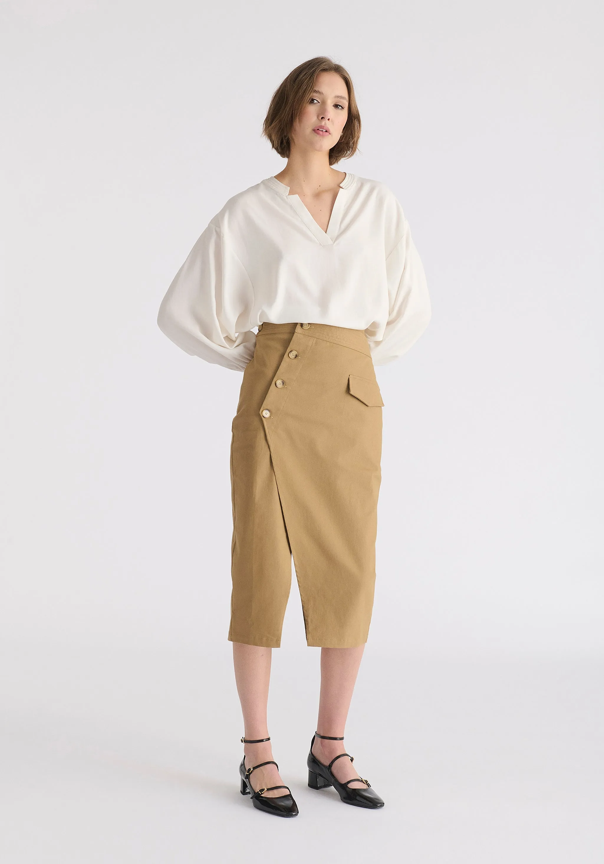 Asymmetric Midi Skirt with Button Details