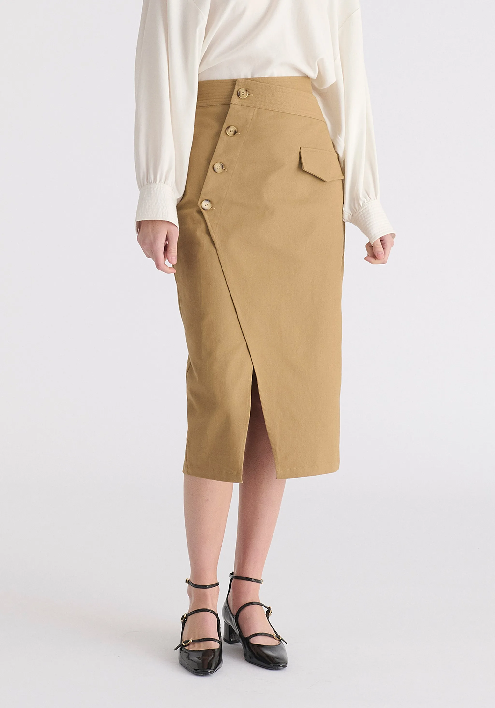 Asymmetric Midi Skirt with Button Details