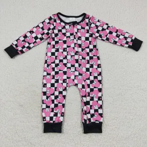 baby cartoon character bow checkerboard zipper onesie LR0478