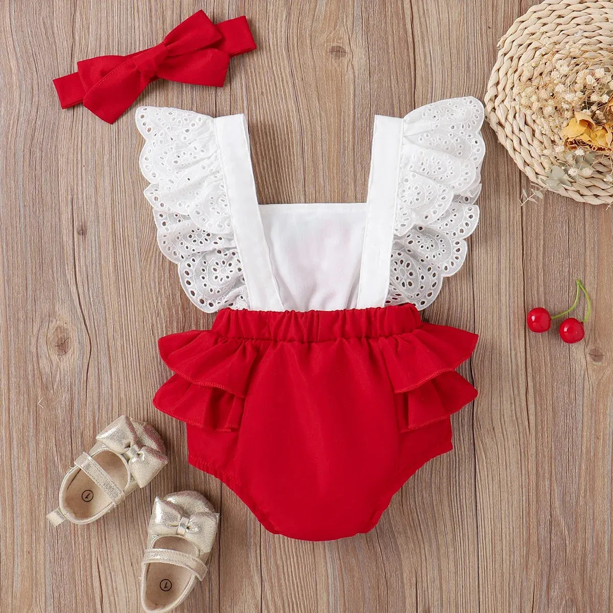 Baby Girl Strawberry Embroidered Bow Front Ruffled Spliced Romper & Headband Set Soft and Comfortable 2pcs