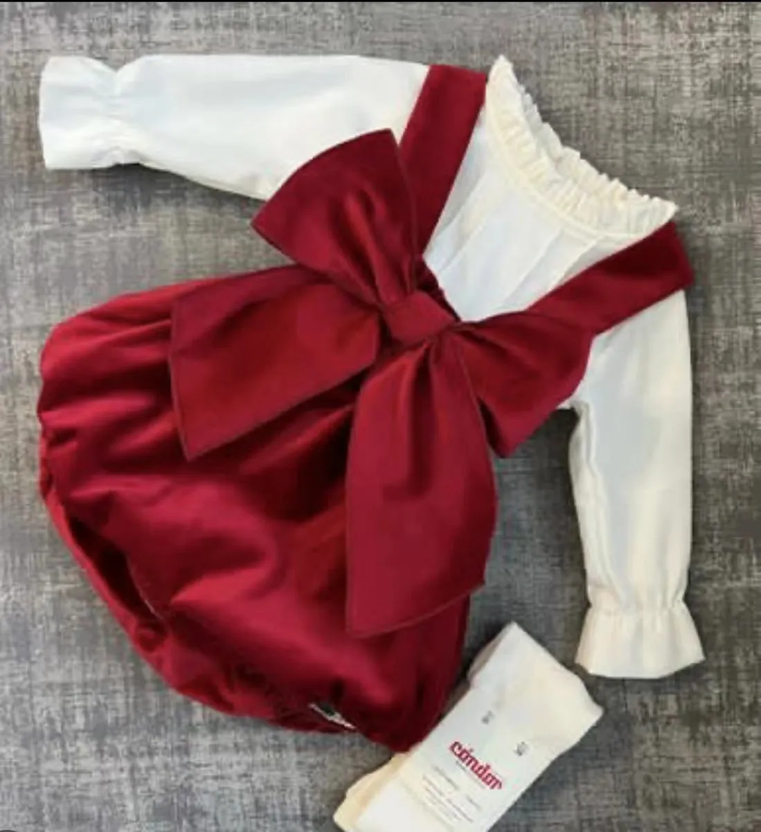 Baby Girl Velvet Romper with Bow in Burgundy