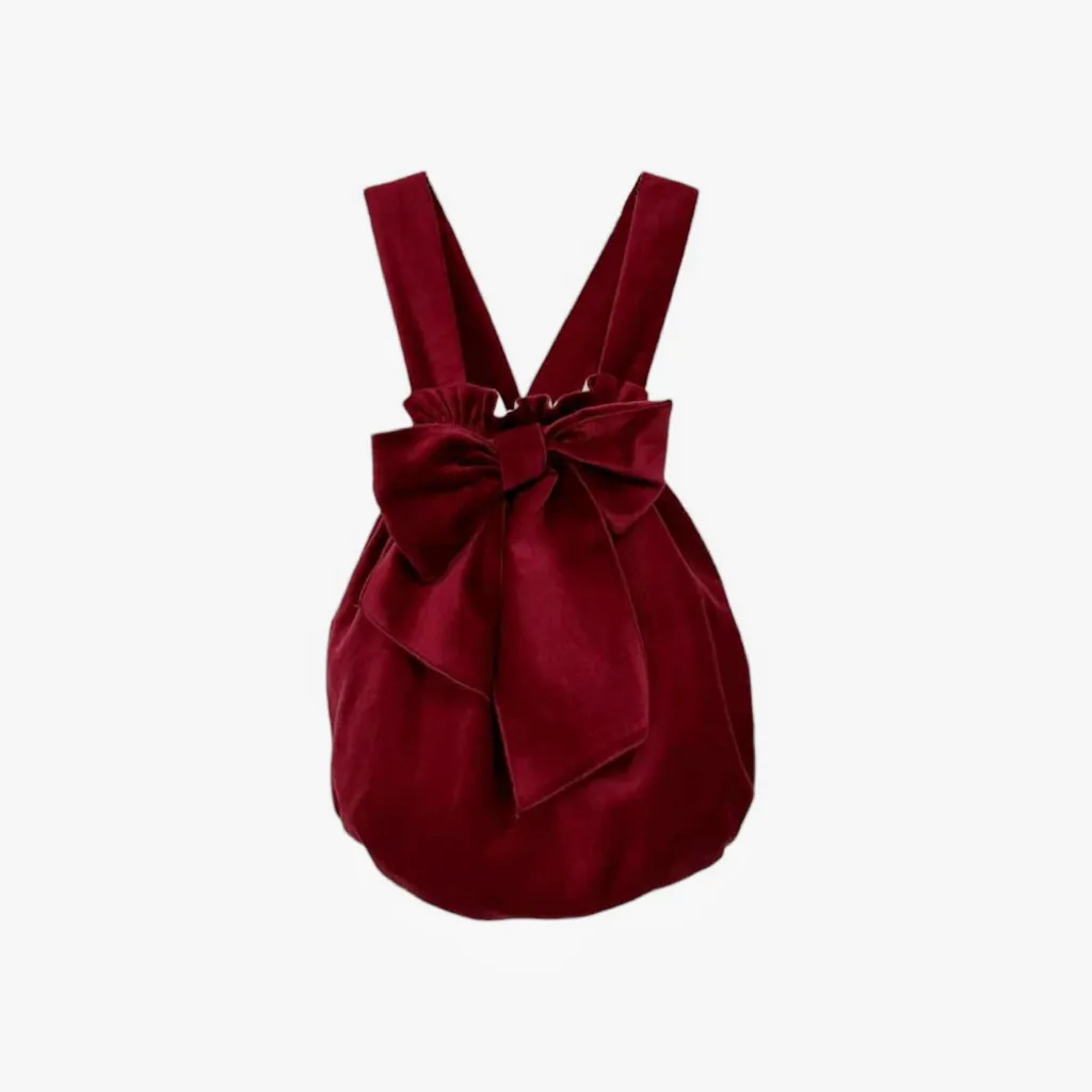 Baby Girl Velvet Romper with Bow in Burgundy