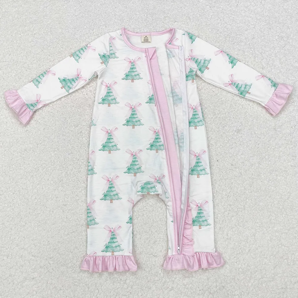 Baby Infant Girls Rompers Christmas Tree Pink Bows Bamboo Zip Rompers LR1518