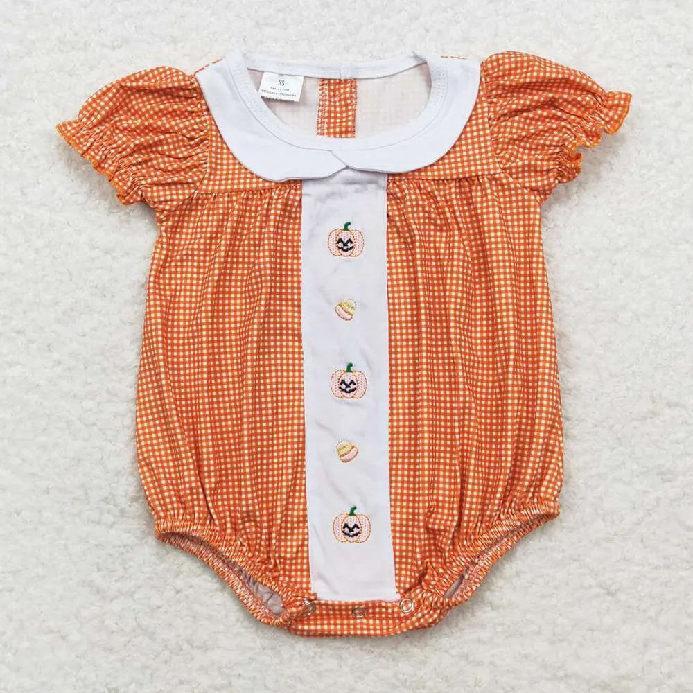 Baby Infant Girls Rompers Fall Orange Checkered Pumpkin Short Sleeve Rompers SR1879