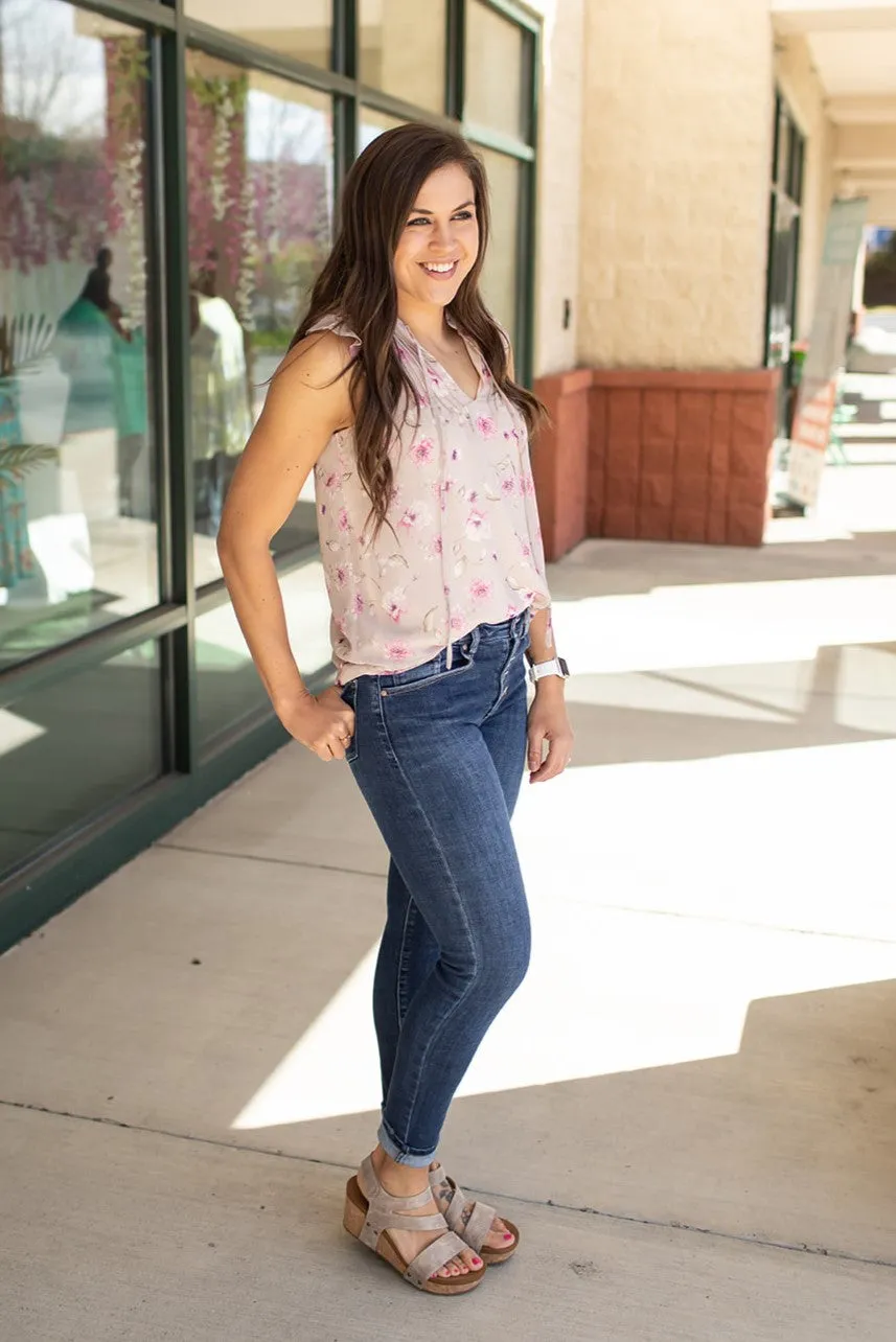 Beige Pink Floral Vneck Ruffle Tank