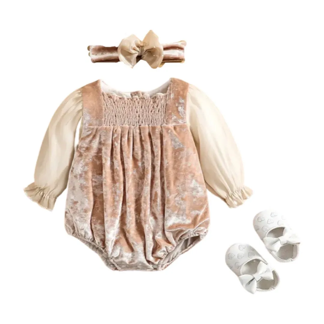 Beige Velvet Bodysuit Baby Girl Romper