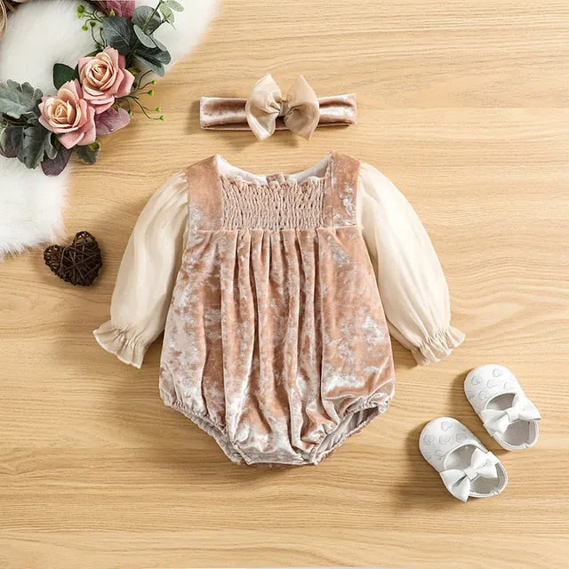 Beige Velvet Bodysuit Baby Girl Romper