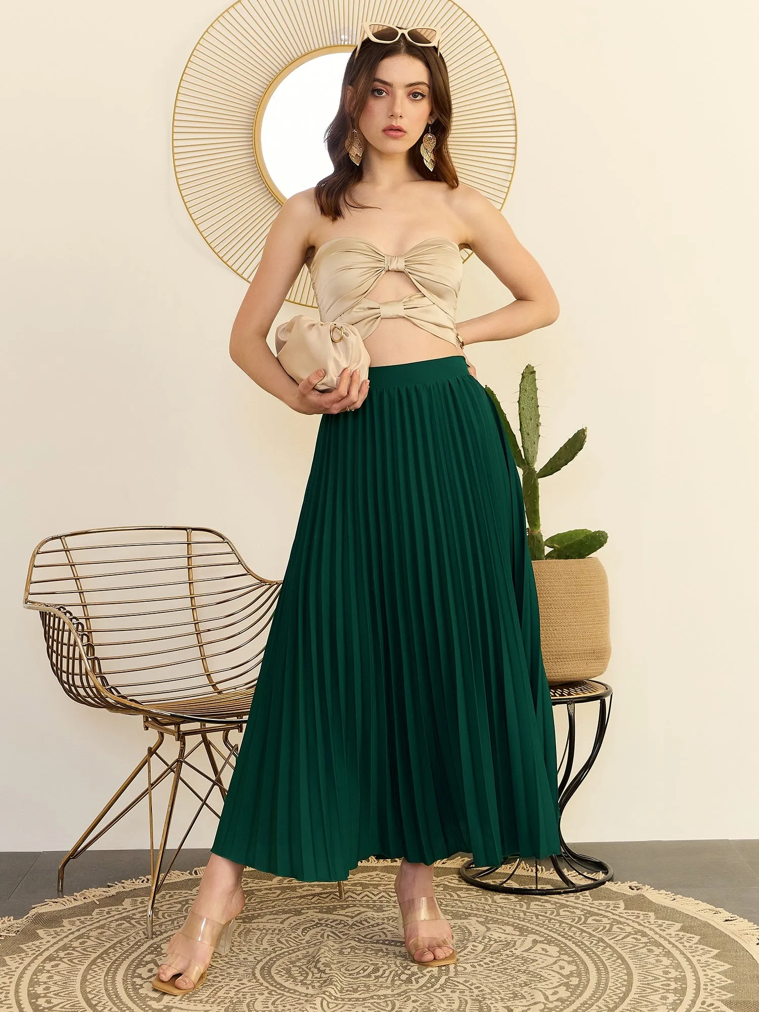 Berrylush Women Solid Green High-Rise Waist Zipper-Up Straight Hem Pleated Maxi Skirt