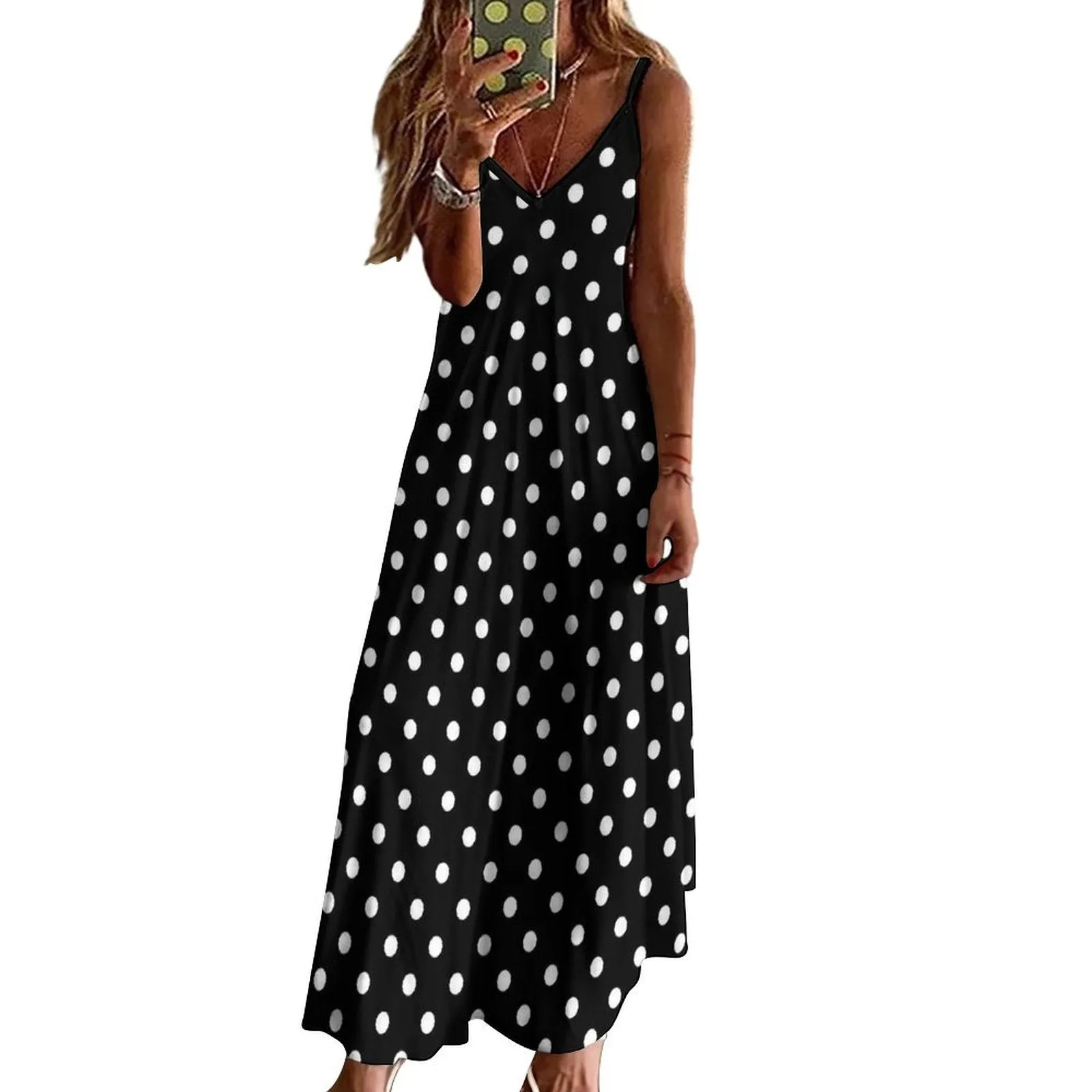 Black With White Polka Dots Women's Summer Slip Long Dress