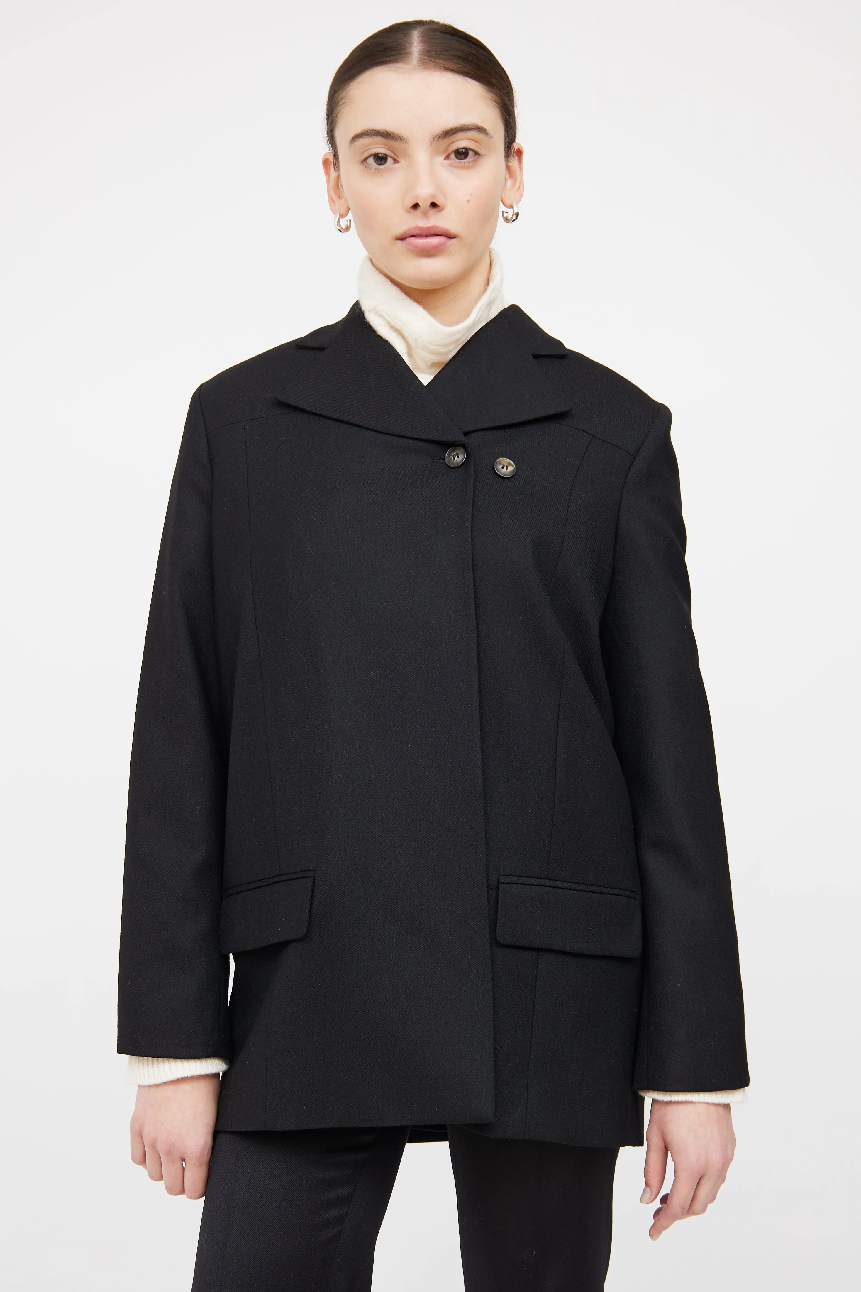 Black Wool Asymmetric Button Coat