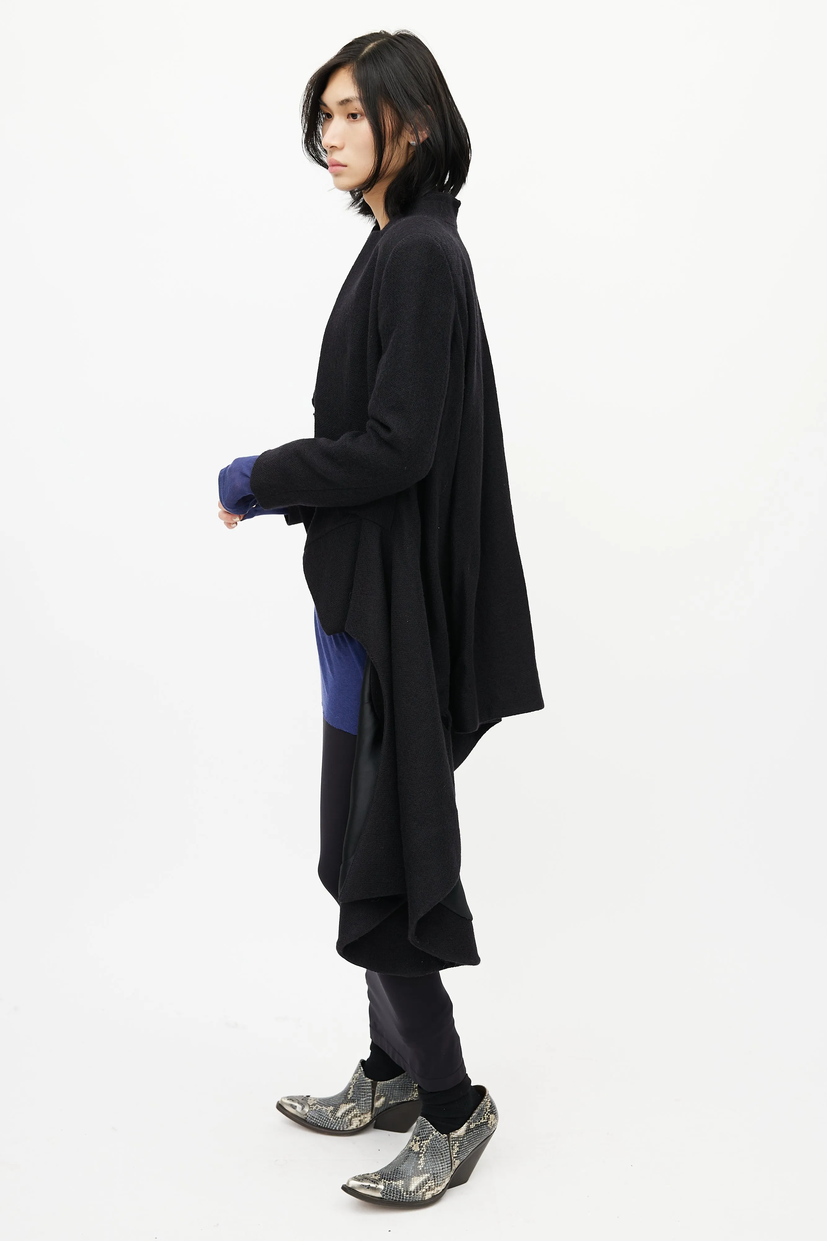 Black Wool Asymmetrical Belted Coat