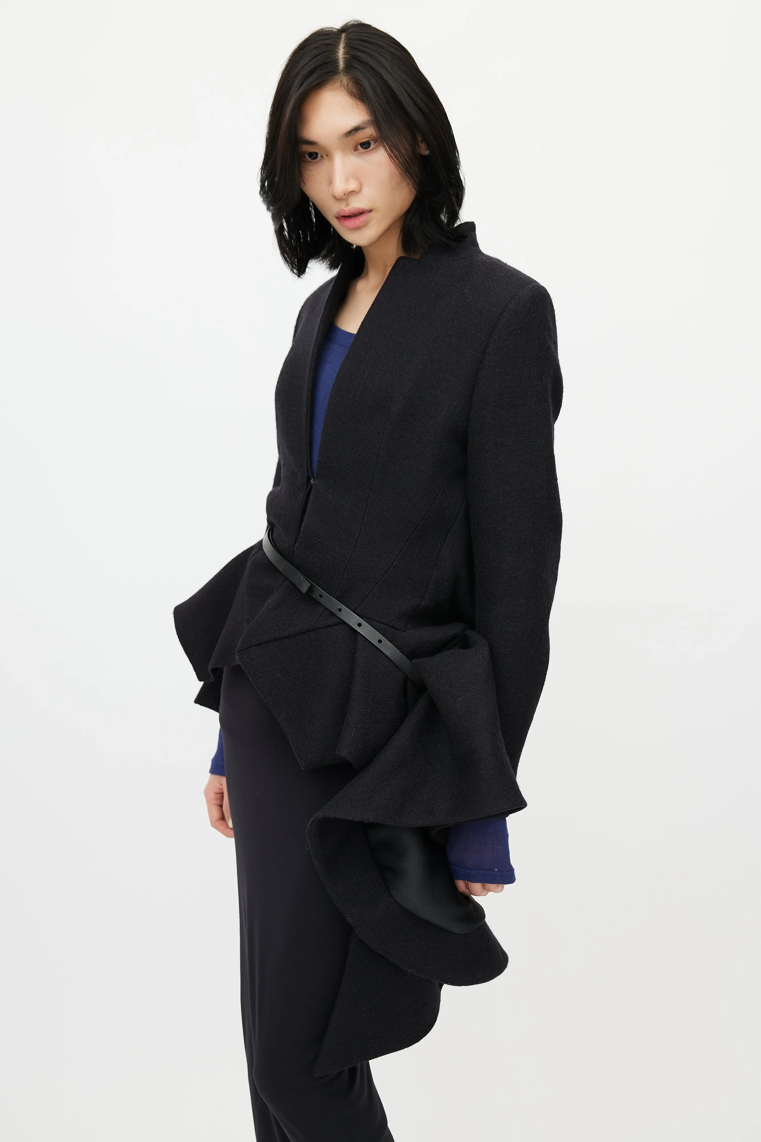 Black Wool Asymmetrical Belted Coat