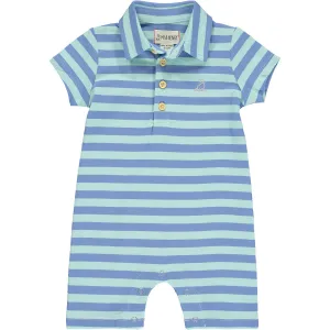 Blue/Aqua Pique Stripe Collared Romper