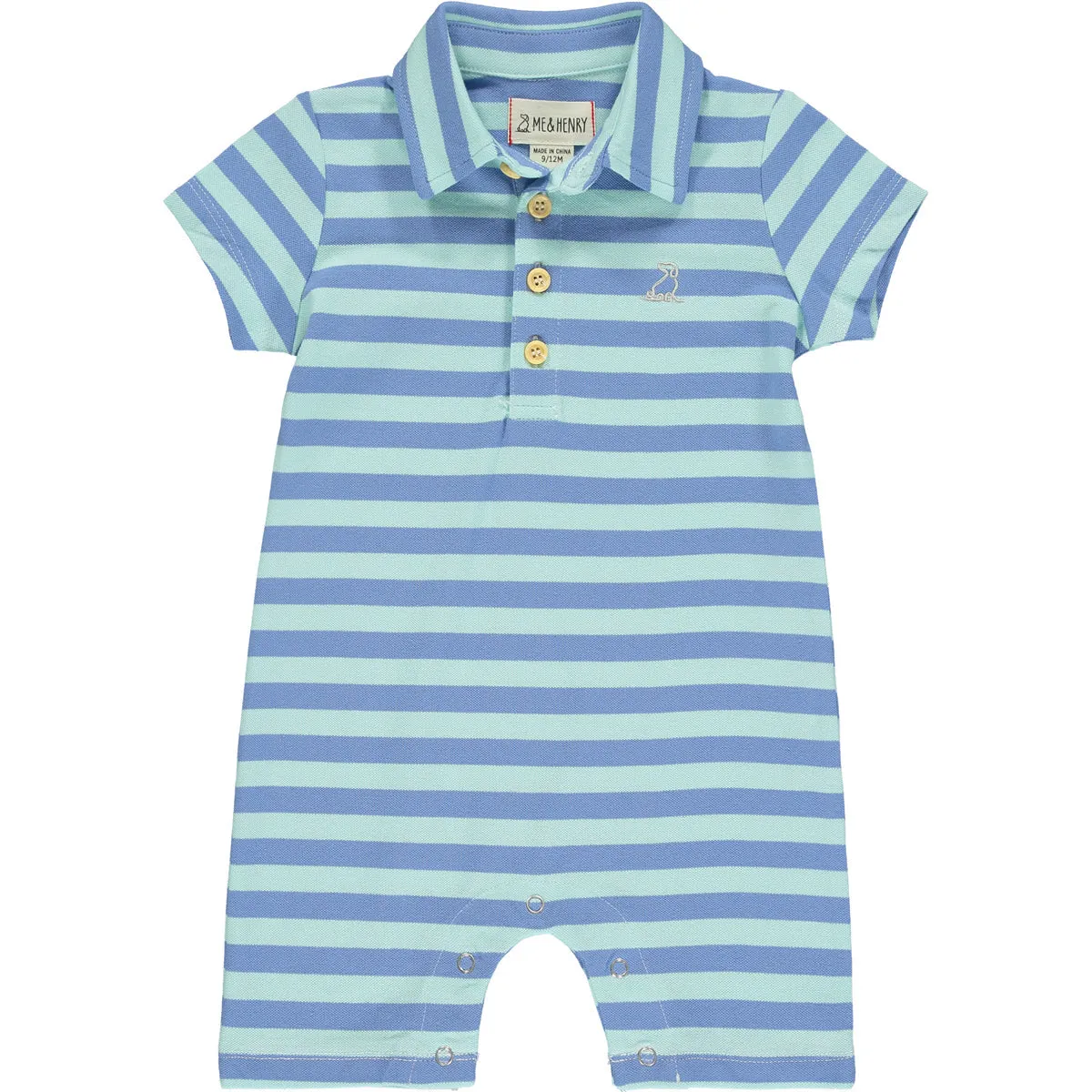 Blue/Aqua Pique Stripe Collared Romper