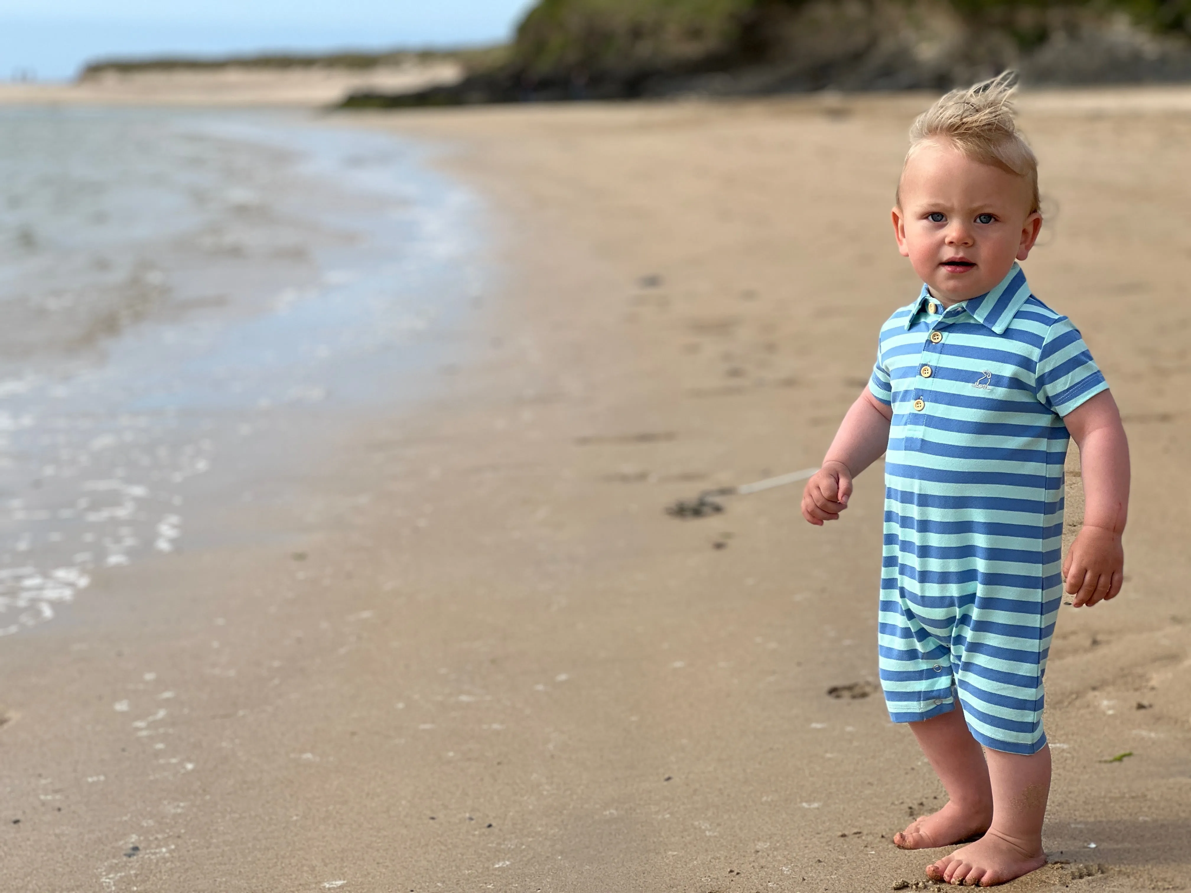 Blue/Aqua Pique Stripe Collared Romper