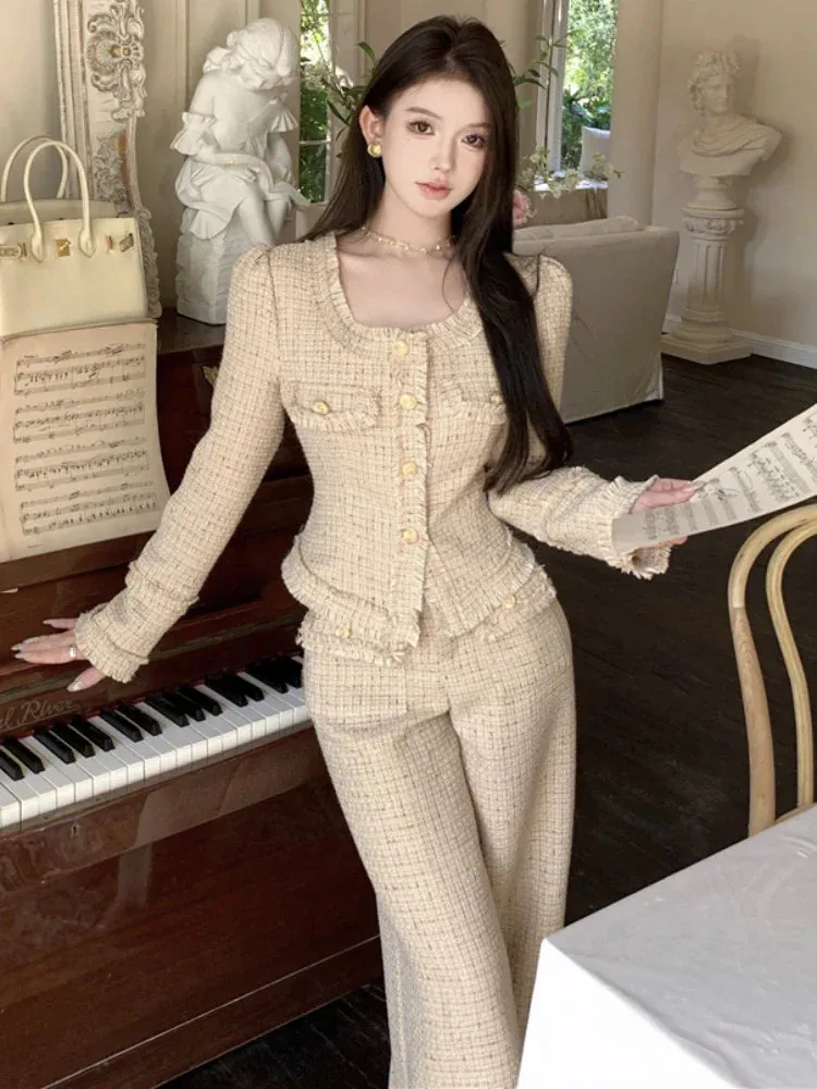 Bonnyshow New Luxury Designer Wool Pants Suits Two Piece Sets Outfits Women Elegant Tweed Slim Long  Trousers Short Coat Tops Lady Clothes