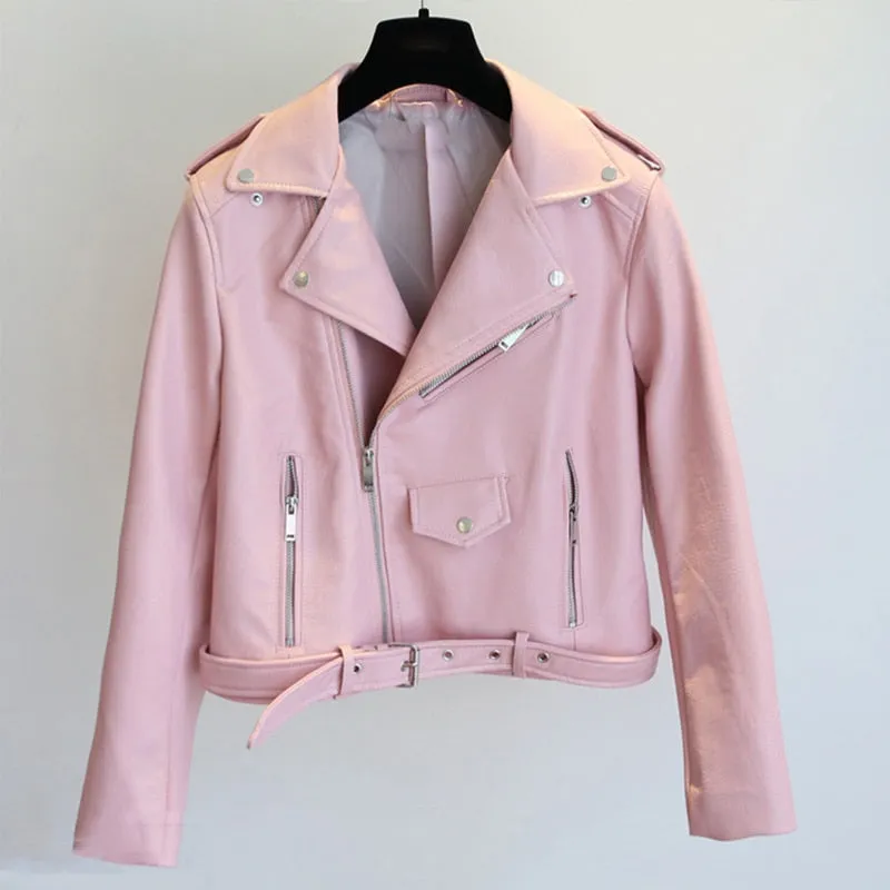 Bright Color Women's Leather Jacket with Stylish Details