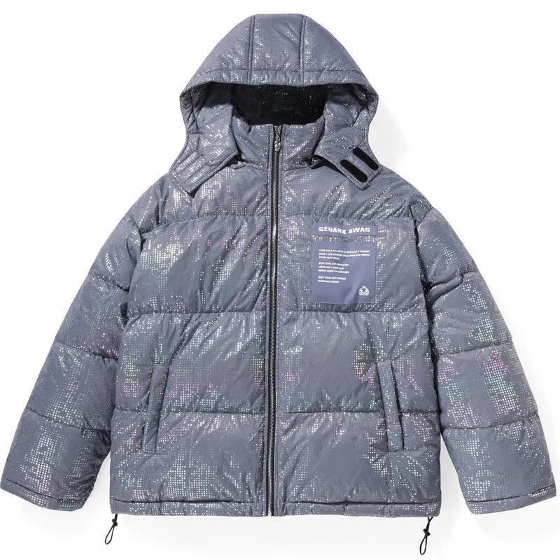 Bright Letter Print Glossy Hooded Down Jacket