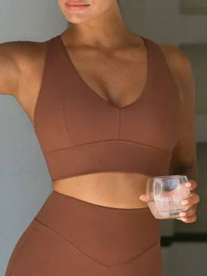 Brown V Neck Sports Bra--High Support