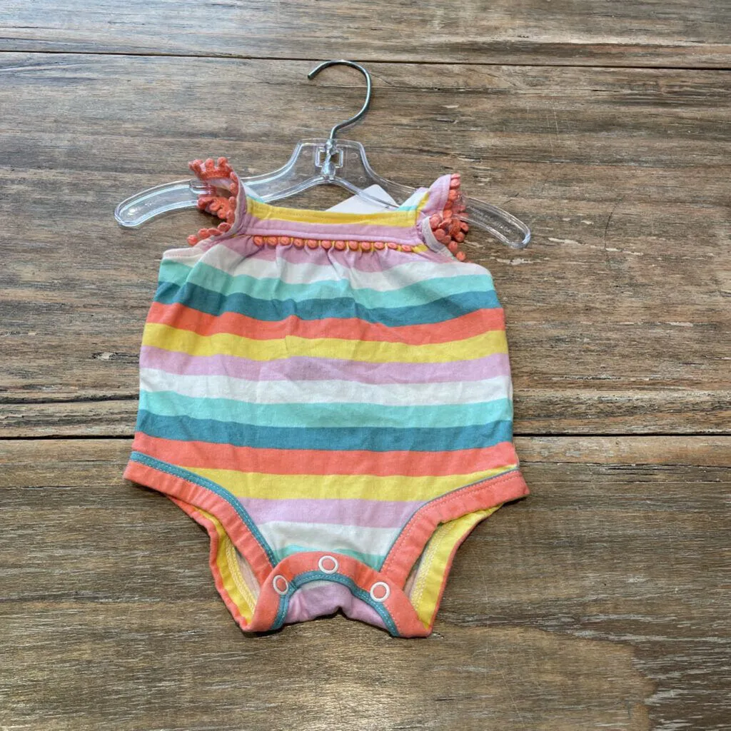 Carters Aqua pch/ylw/wht/stripe strap snap short Ctn Romper NB