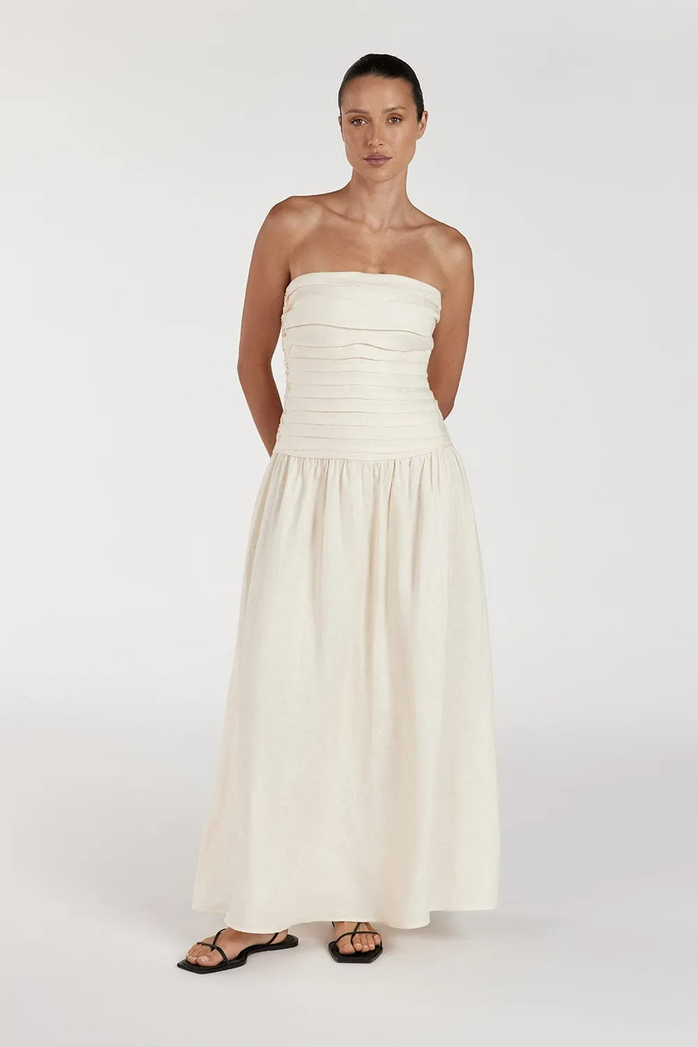 CATANIA CREAM LINEN STRAPLESS MIDI DRESS