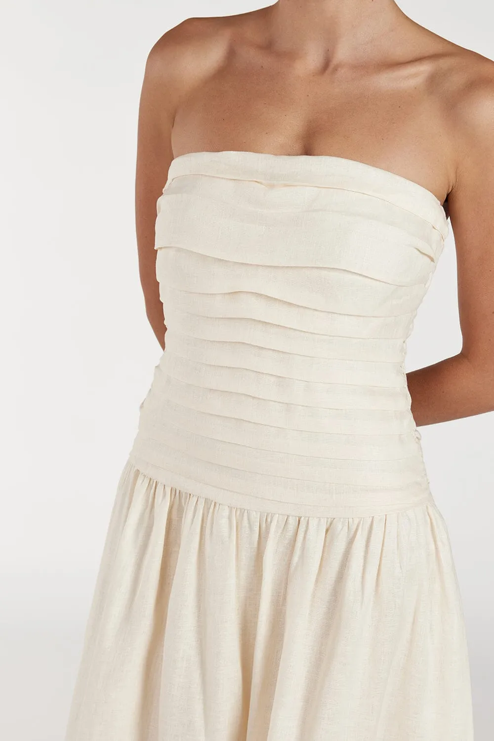 CATANIA CREAM LINEN STRAPLESS MIDI DRESS