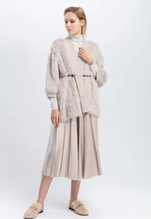 Choice Contrast Color Exposed Waist Elastic Pleated Skirt Latte