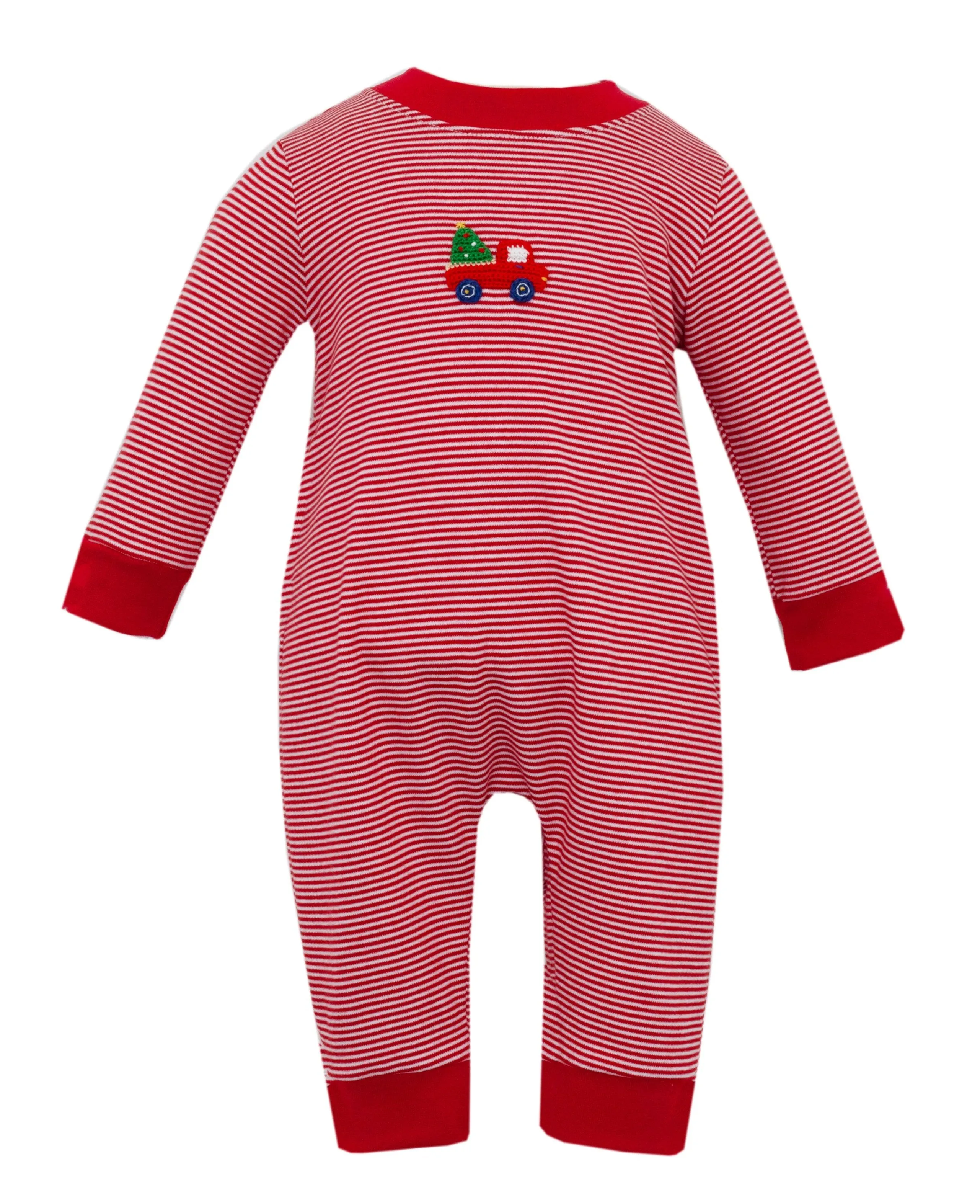 Christmas Tree W/ Car Knit Romper- Red Stripe