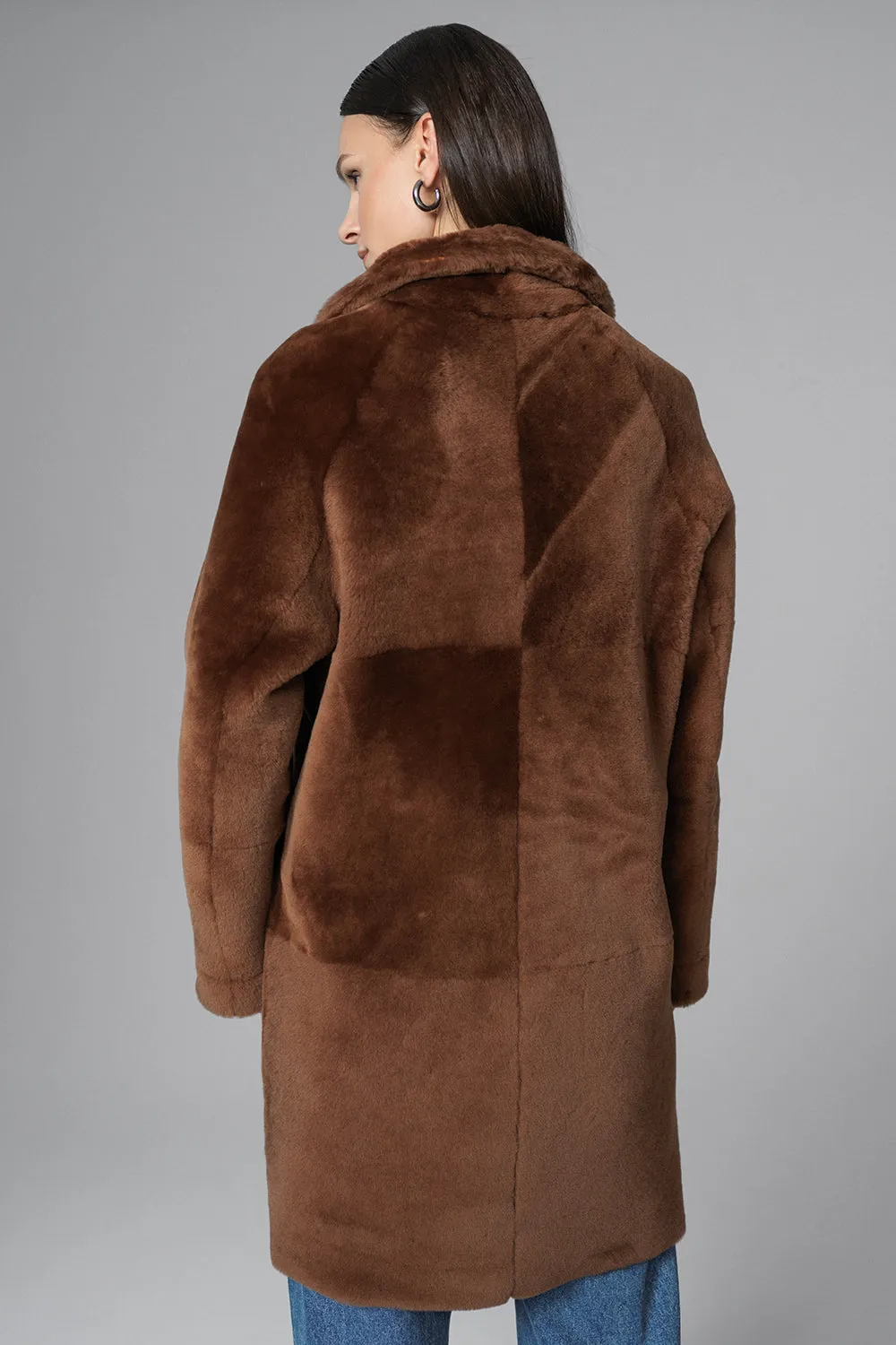 Cognac Reversible Genuine Merino Wool Sheepskin Midi Coat