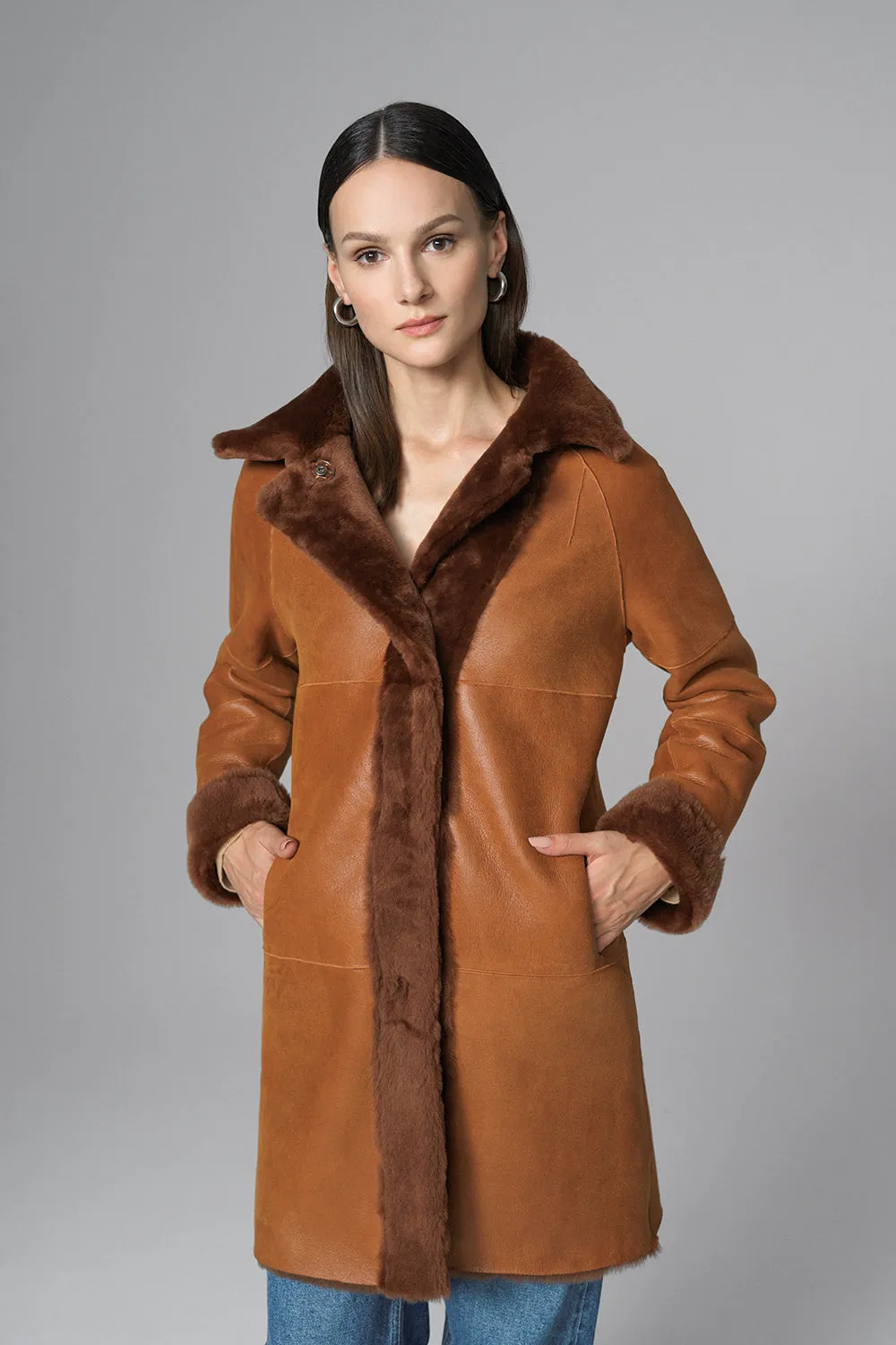 Cognac Reversible Genuine Merino Wool Sheepskin Midi Coat