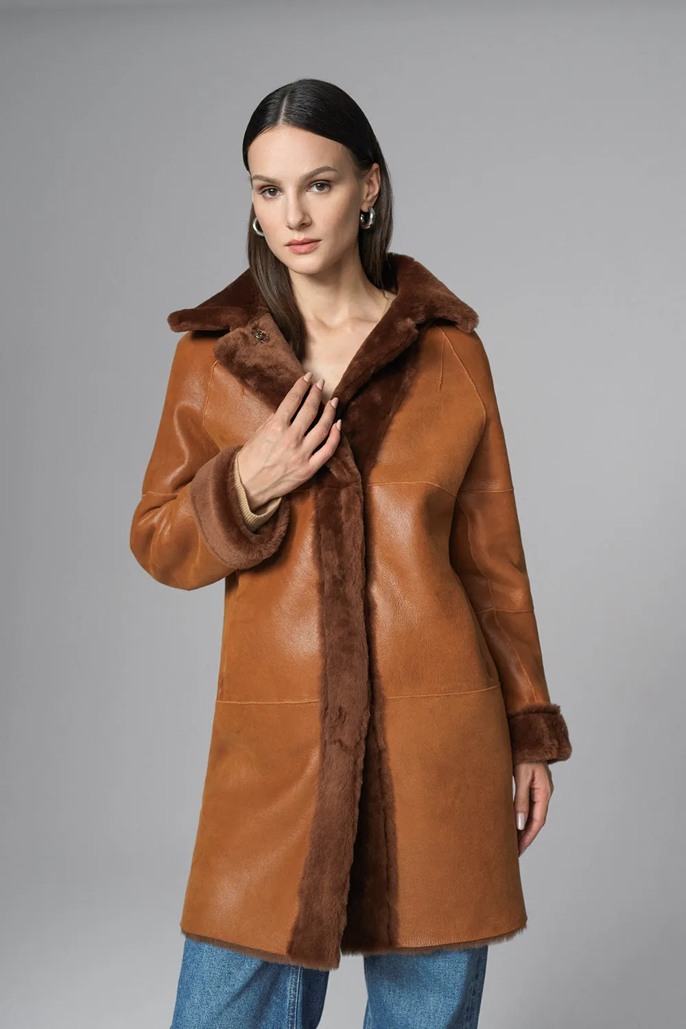 Cognac Reversible Genuine Merino Wool Sheepskin Midi Coat