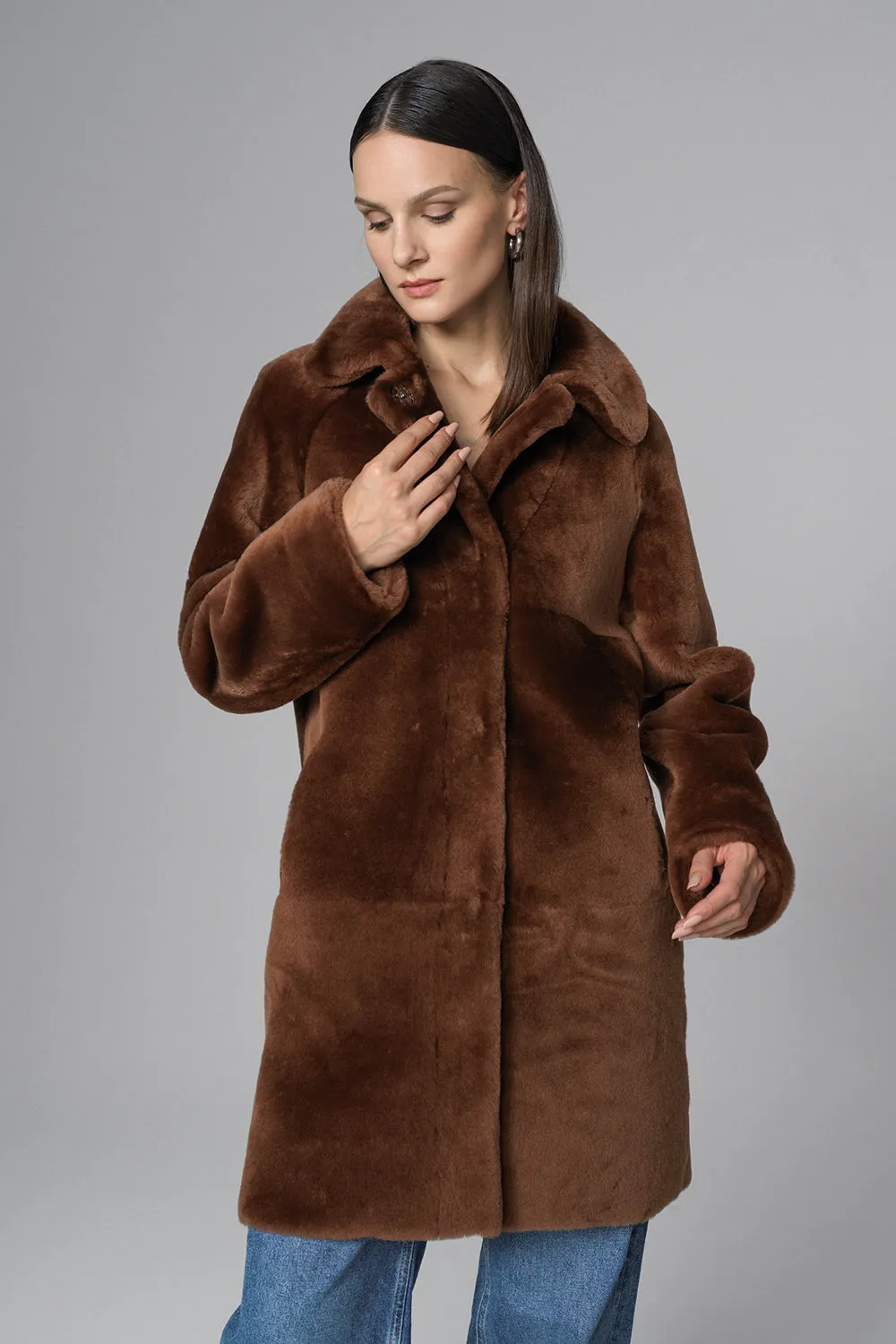 Cognac Reversible Genuine Merino Wool Sheepskin Midi Coat