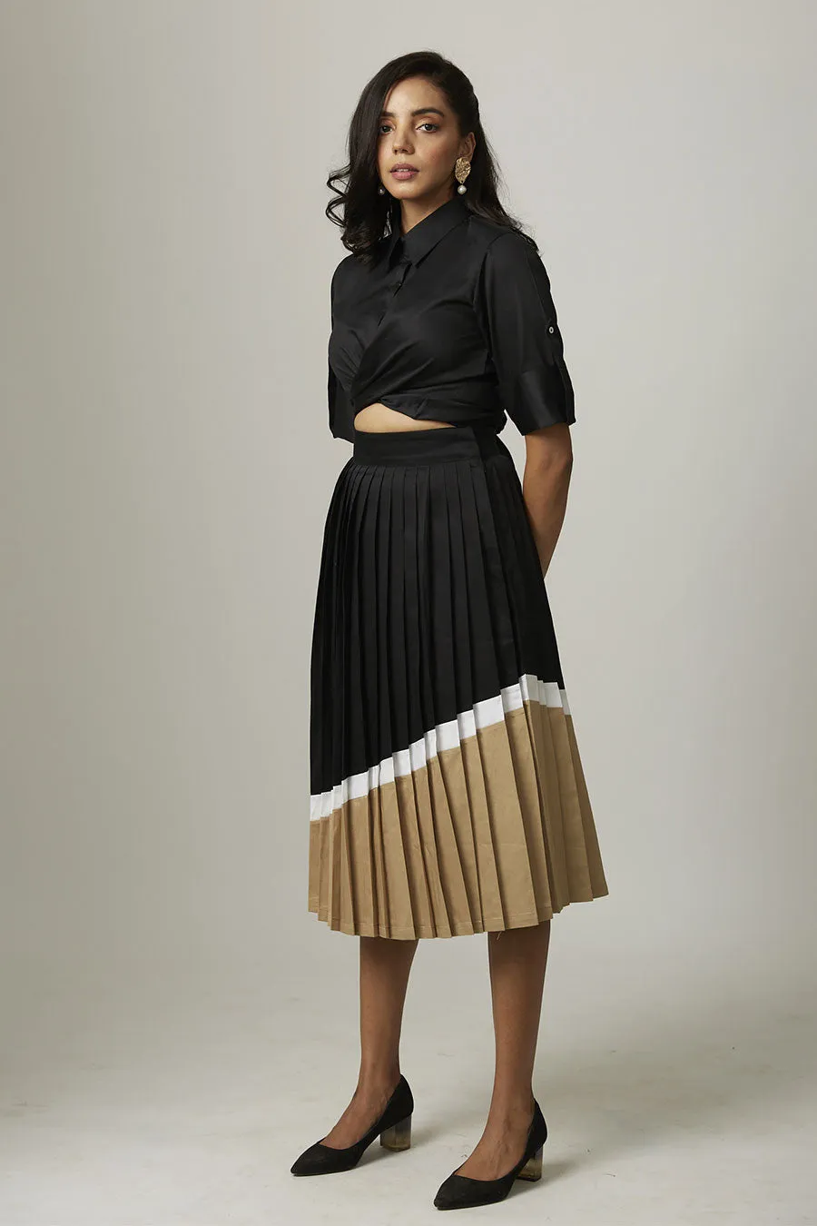 Colourblock Pleated Midi Skirt With Belt