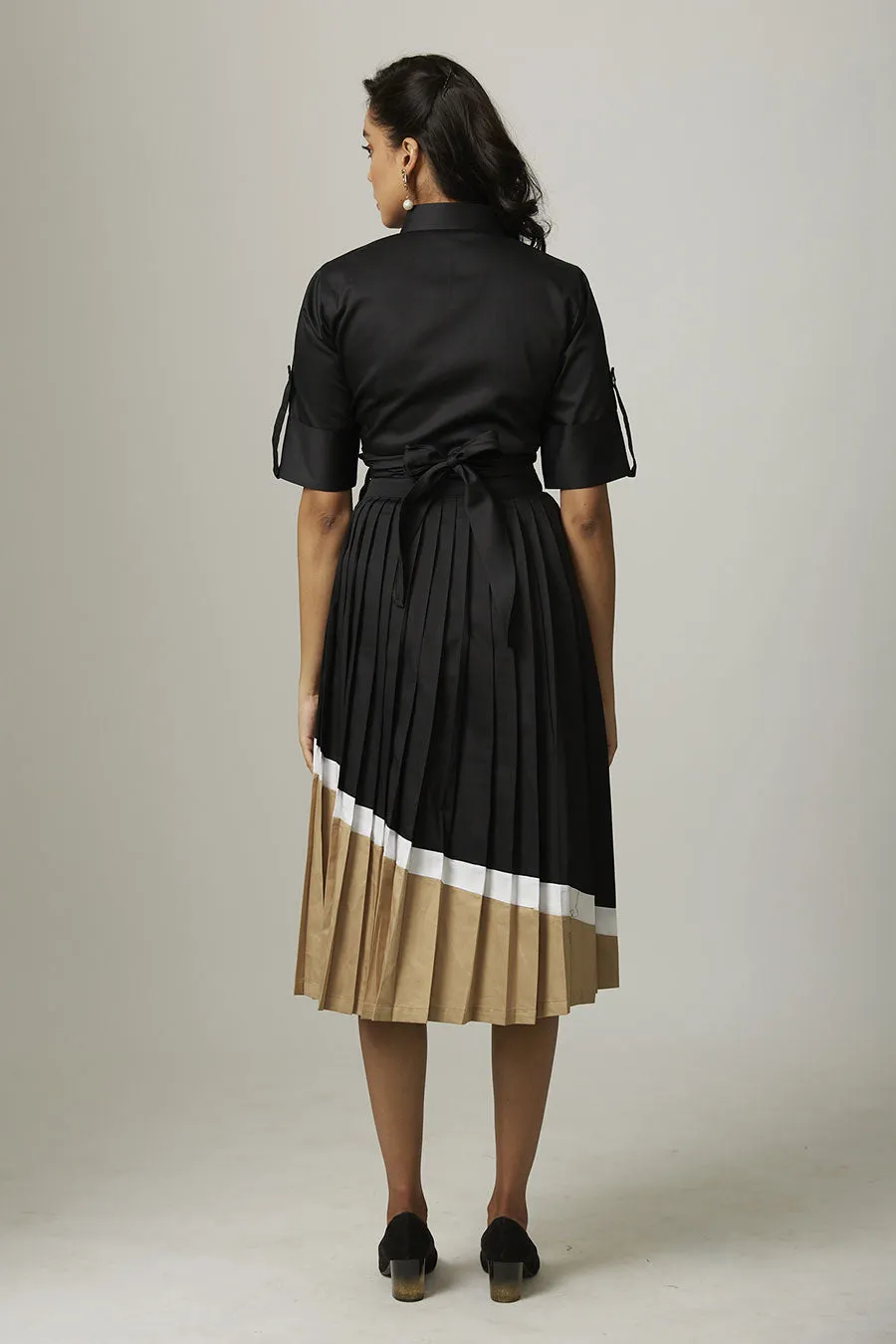 Colourblock Pleated Midi Skirt With Belt