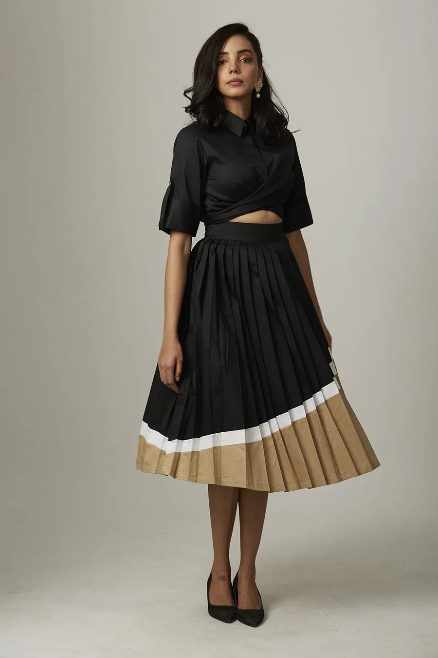 Colourblock Pleated Midi Skirt With Belt