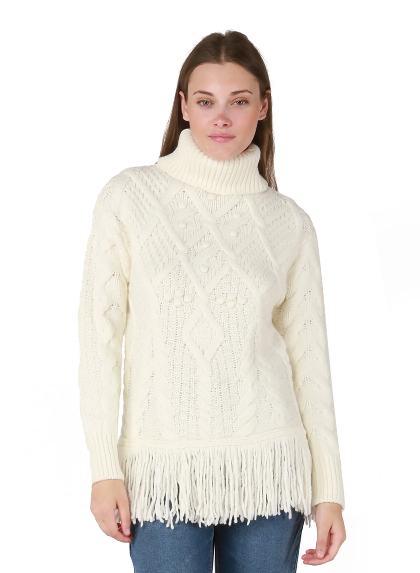 DEX Room 34 Cream Turtleneck Fringe Hem Sweater