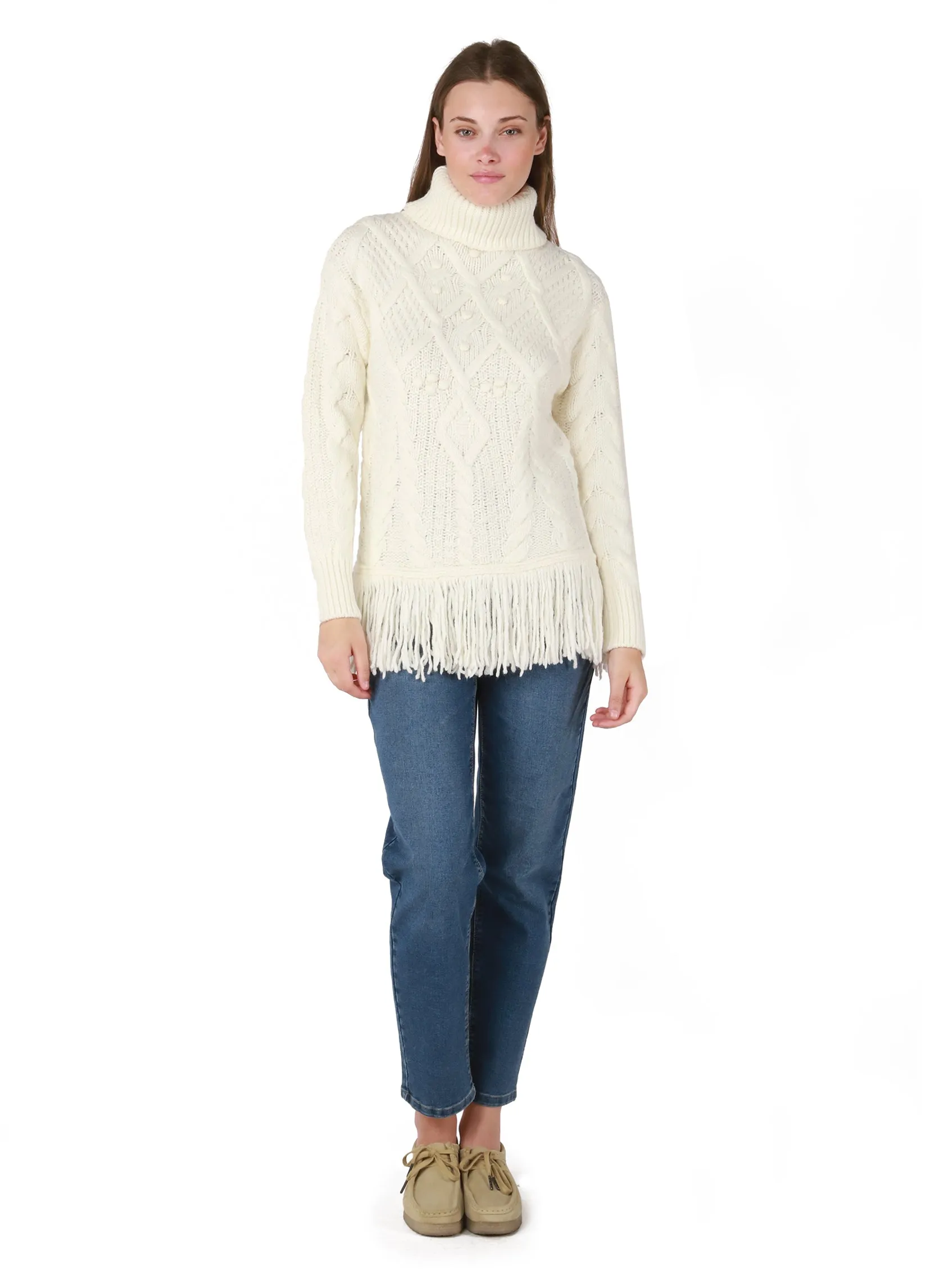 DEX Room 34 Cream Turtleneck Fringe Hem Sweater