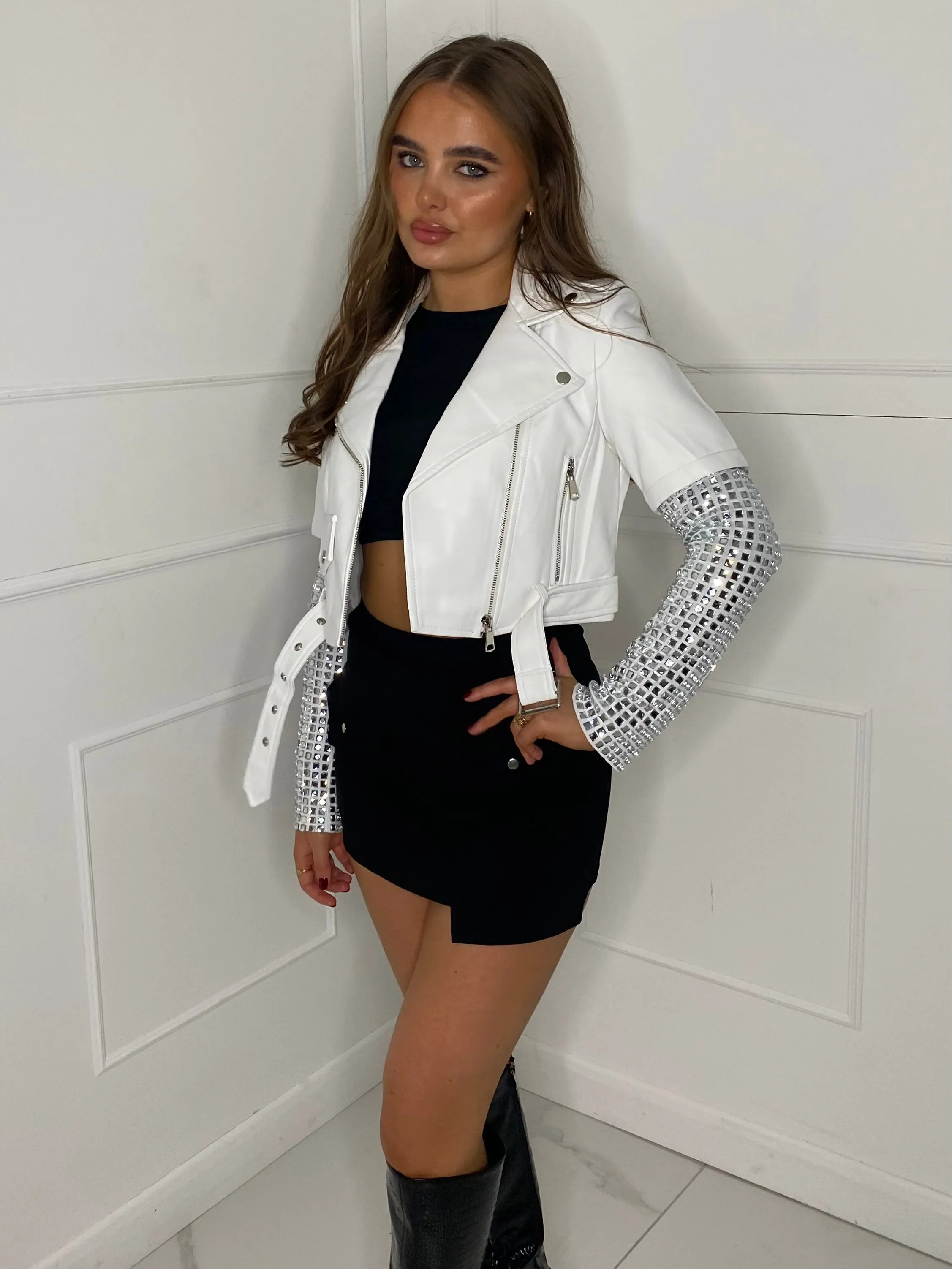 Diamante Sleeve Cropped Leather Jacket - White