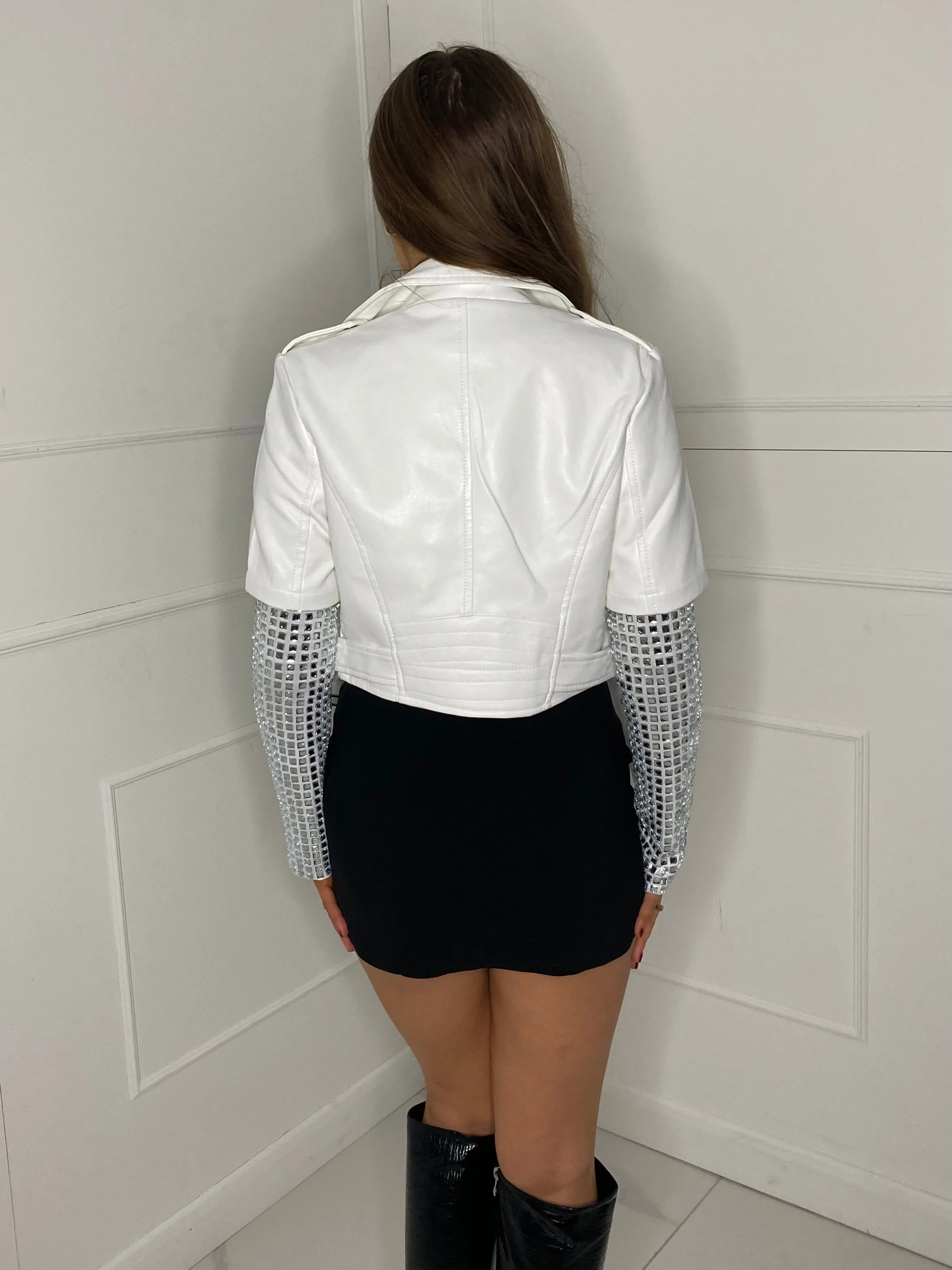 Diamante Sleeve Cropped Leather Jacket - White