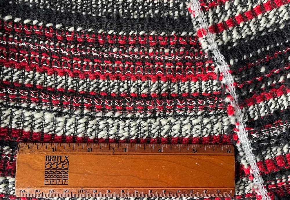 Dramatic Striped Fire Engine Red, Black & White Wool Blend Bouclé (Made in Italy)