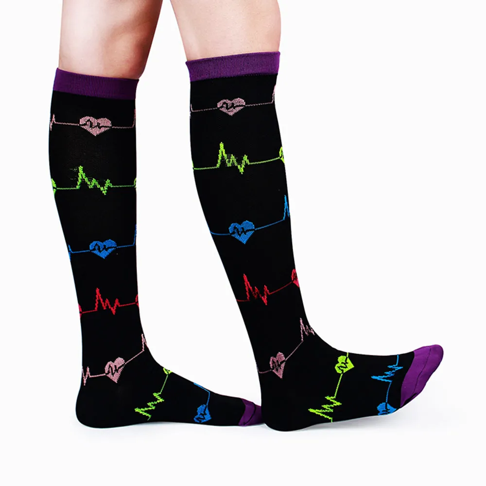 EKG Heart Patterned Knee High - Black (Compression Socks)